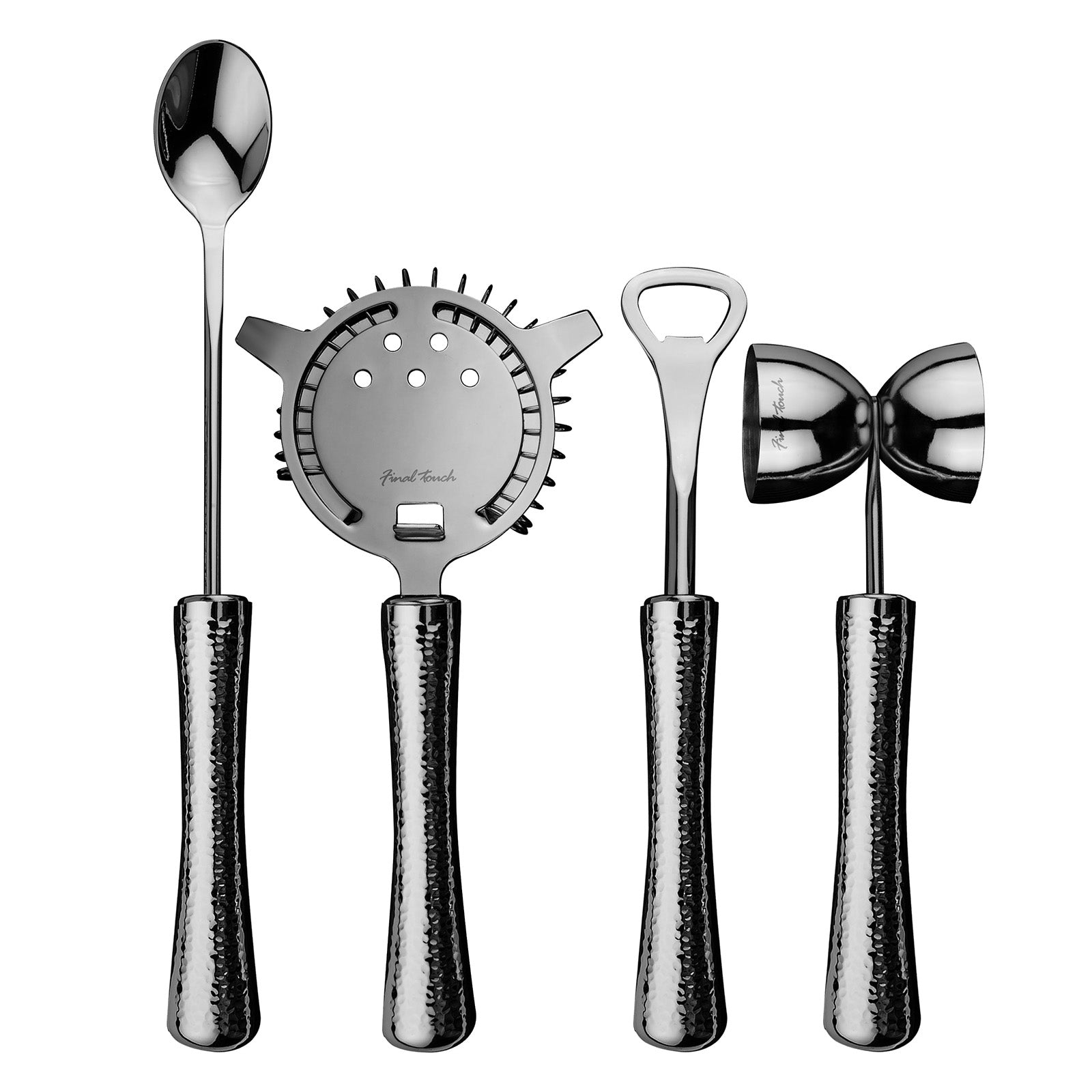 Final Touch 4 Piece Bar Tool Set with Stand - Black Chrome Metal Handles
