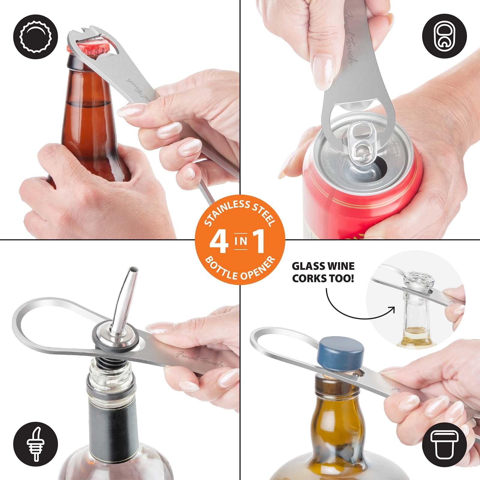 Final Touch ProBlade+ Speed Bottle Opener & Spout Remover, Stainless Steel