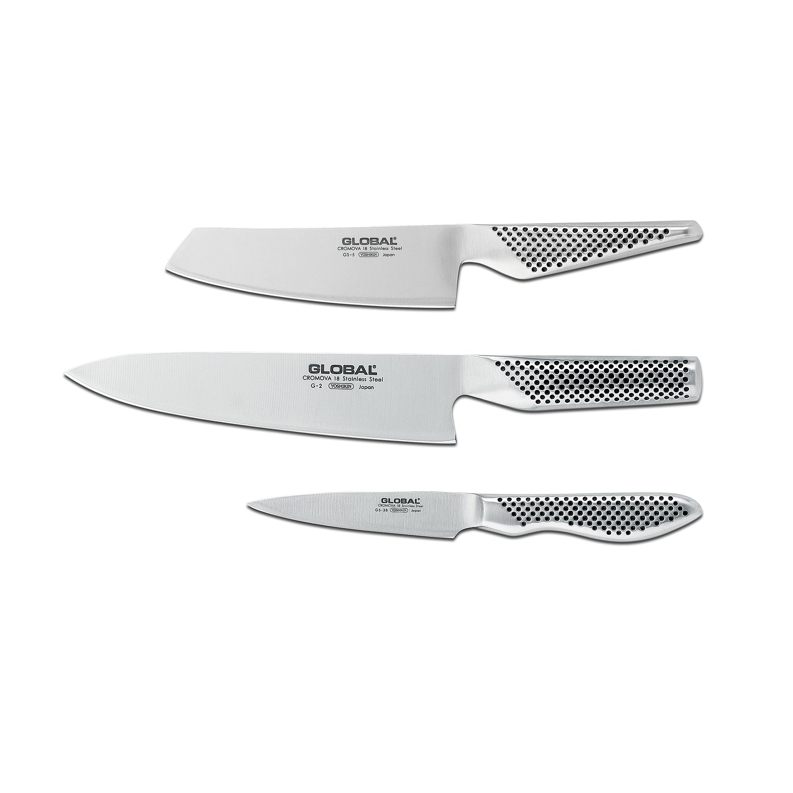 Global G-2538 3 Piece Knife Set with Chef's, Vegetable and Paring Knife