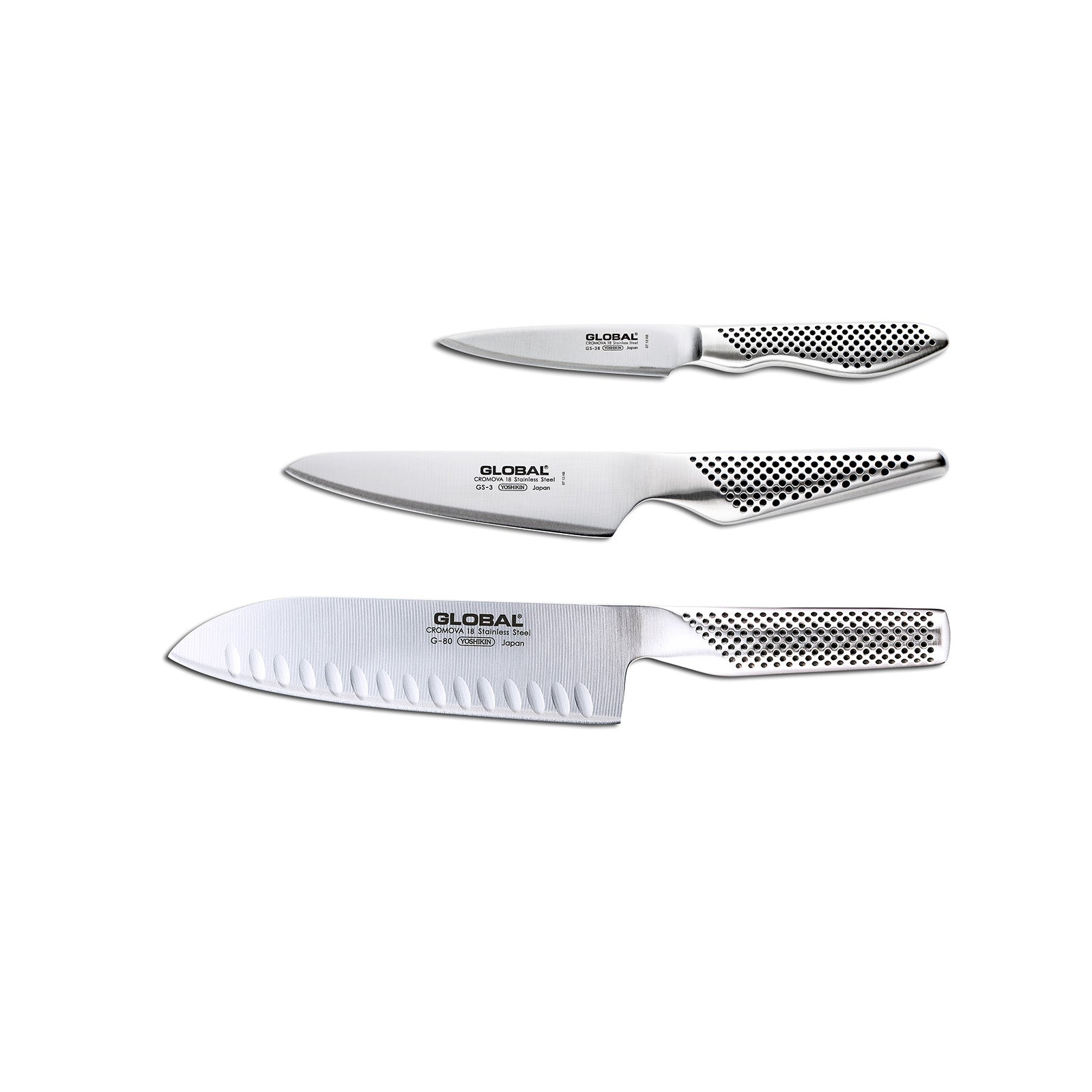 Global 3 Piece Knife Set with Santoku - Hollow Ground, Utility and Paring Knife