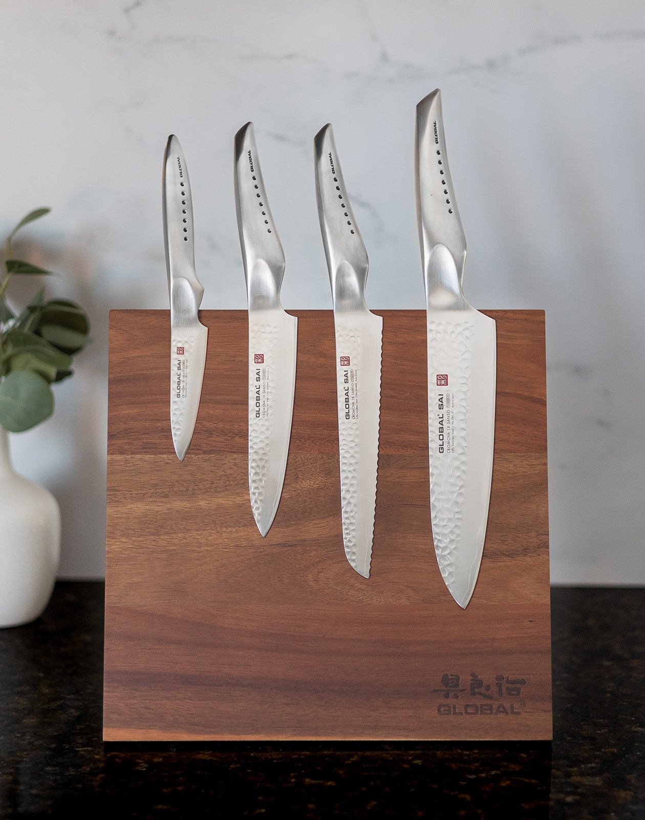 Global Bitoku SAI Essentials 5 Piece Knife Set with Magnetic Block, Acacia