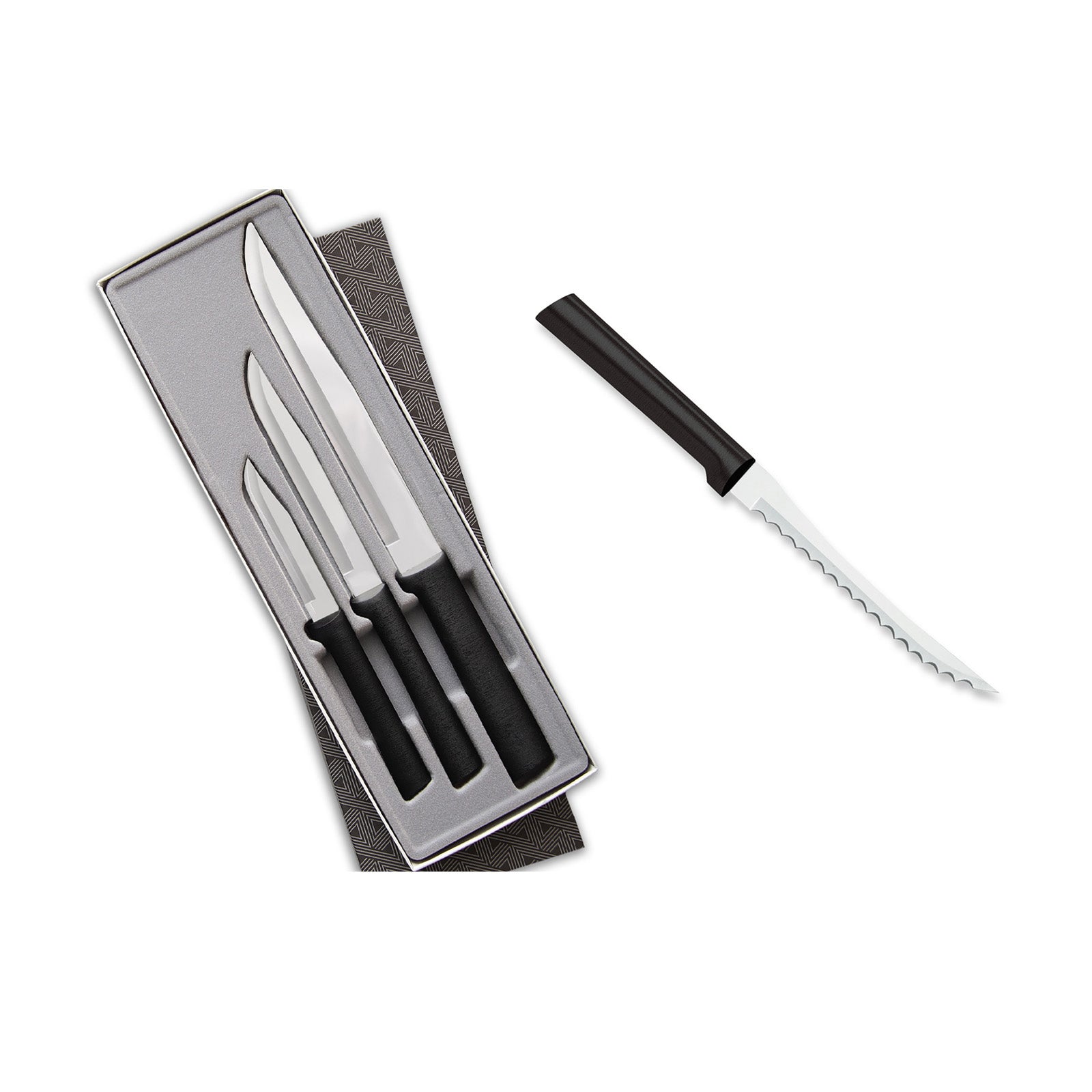 Rada 3 Piece Housewarming Knife Gift Set & 5-Inch Tomato Slicer Stainless Steel Serrated Blade, Black Handles