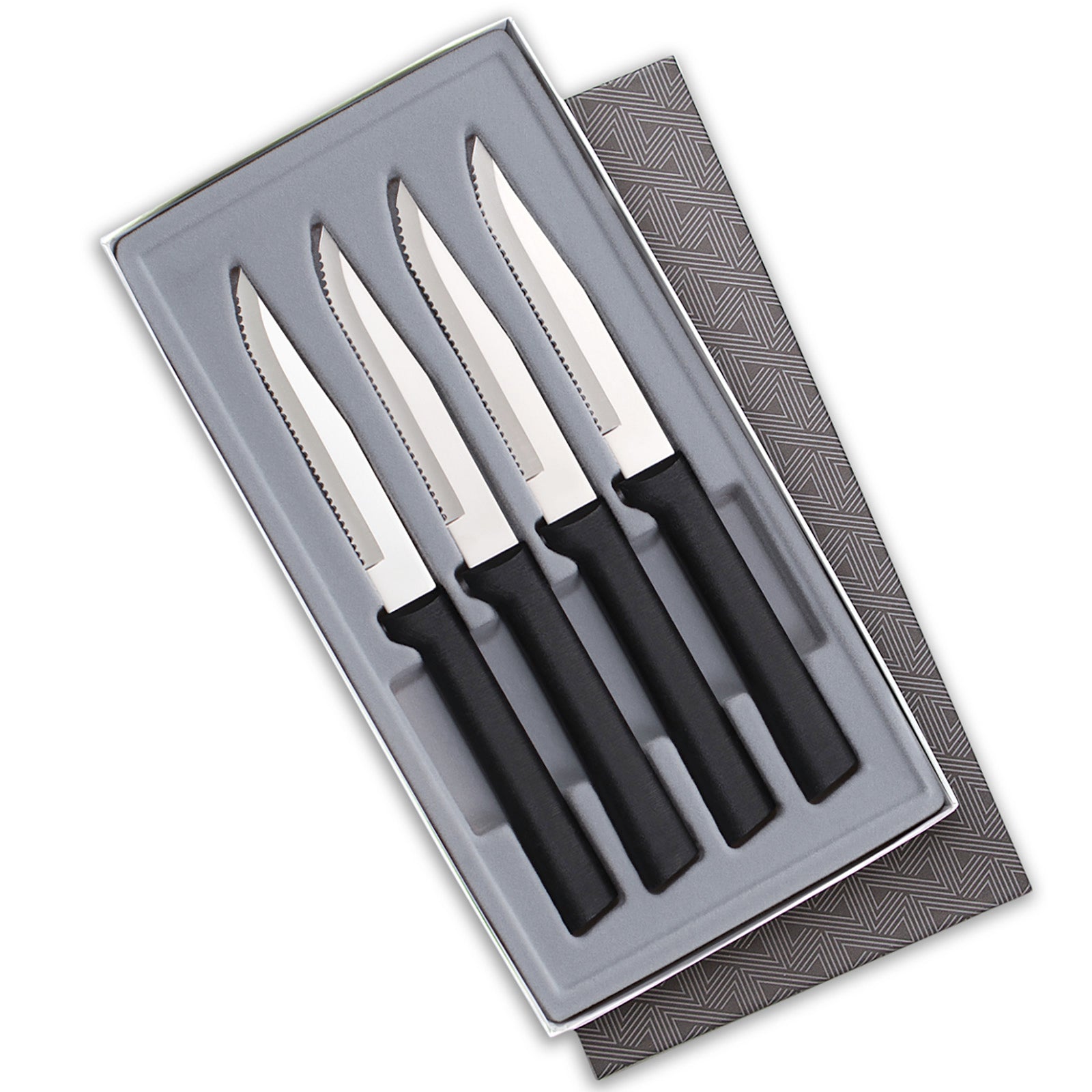 Rada 4 Piece Serrated Steak Knife Set with Gift Box, Black Handles