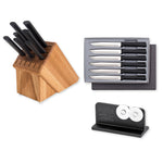 Rada Essential Oak 8 Piece Knife Block Set with Knife Sharpener & 6 Piece Steak Knife Set, Black Handles