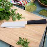 Rada Essential Oak 8 Piece Knife Block Set with Knife Sharpener & 6 Piece Serrated Steak Knife Set, Black Handles