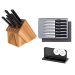 Rada Essential Oak 8 Piece Knife Block Set with Knife Sharpener & 6 Piece Serrated Steak Knife Set, Black Handles