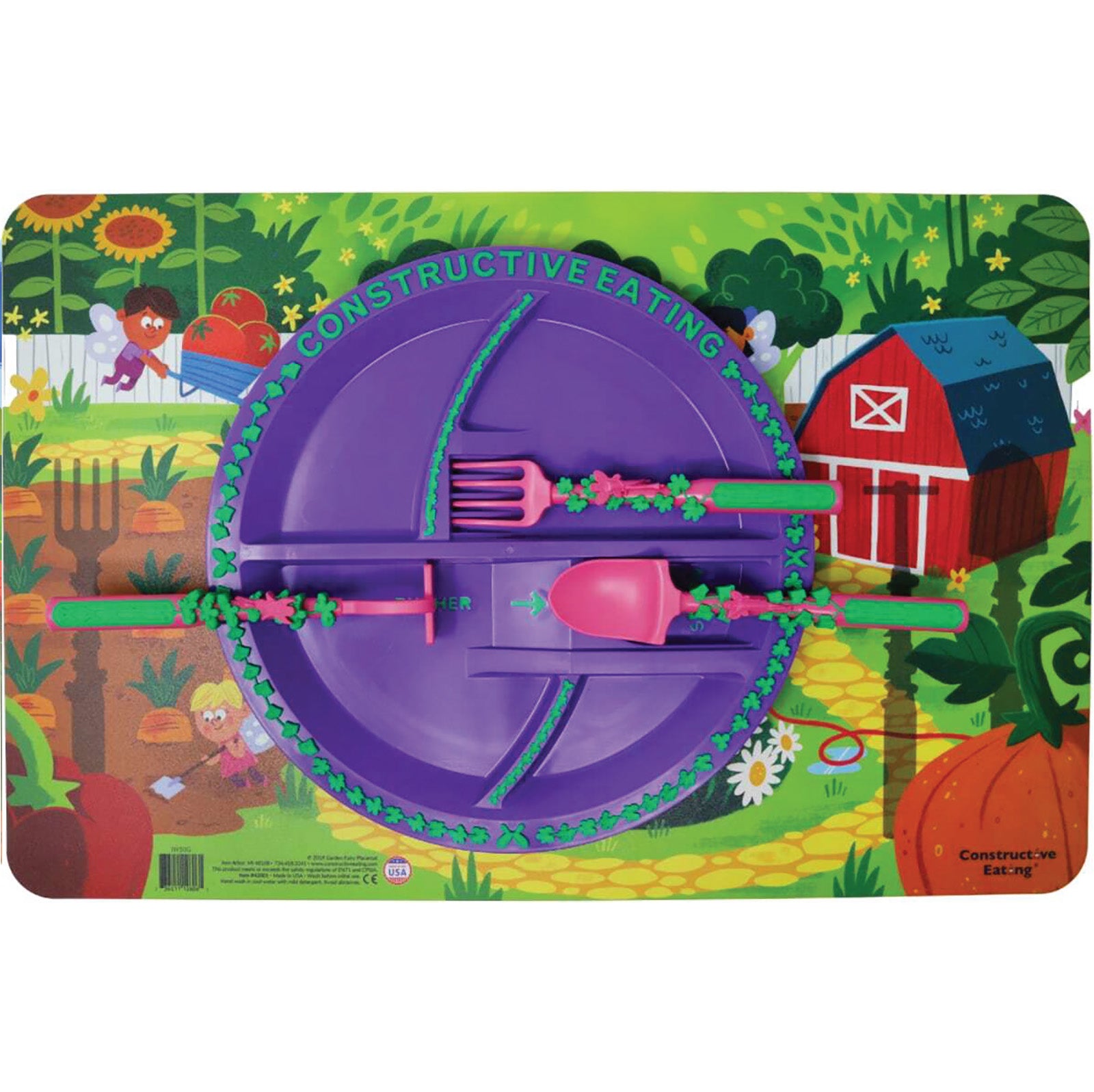 Constructive Eating Garden Fairy Utensil, Divided Plate, and Placemat Set for Kids and Toddlers