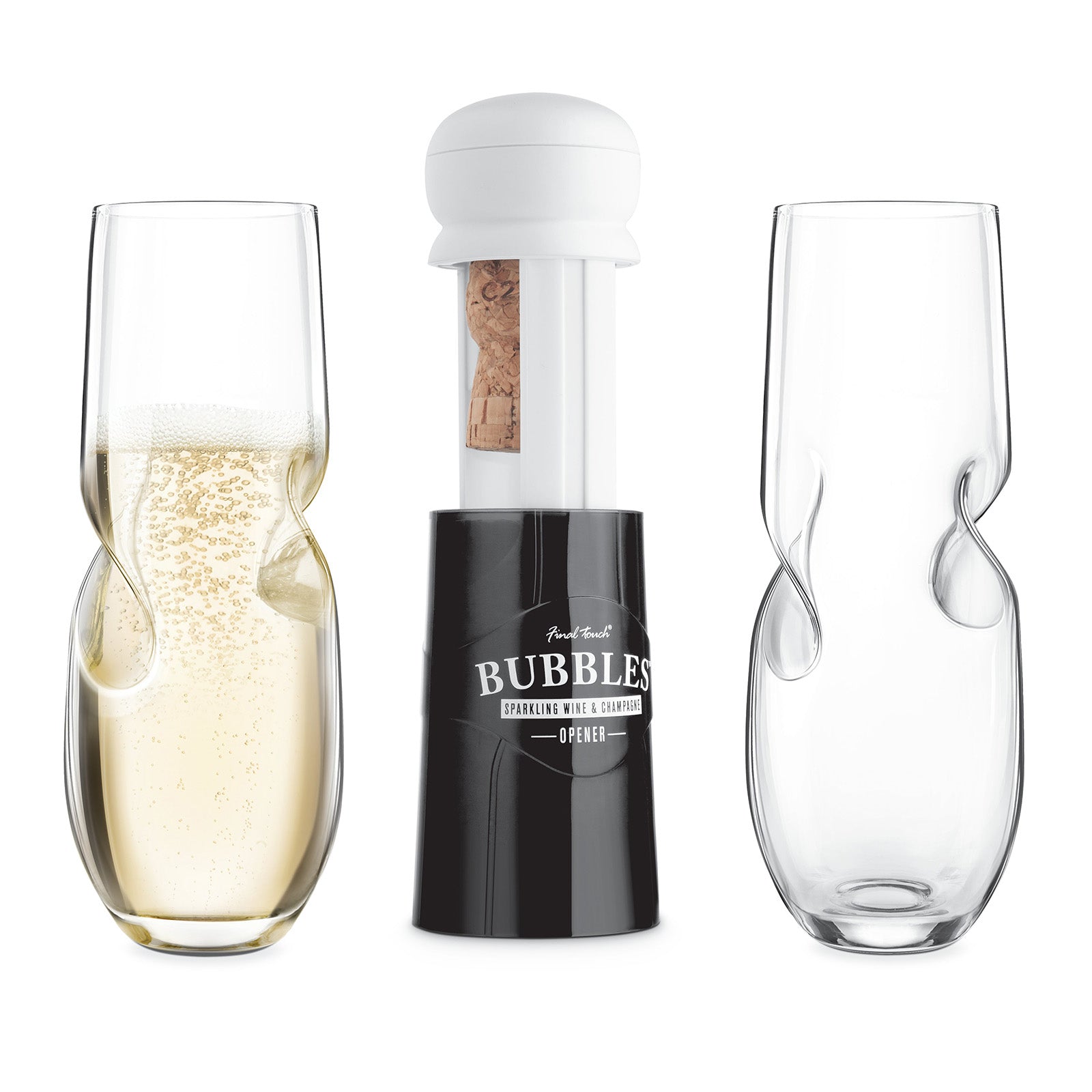 Final Touch Bubbles Sparkling, Champagne, Bubbly Glass Set with Opener - 10 oz (300 ml)