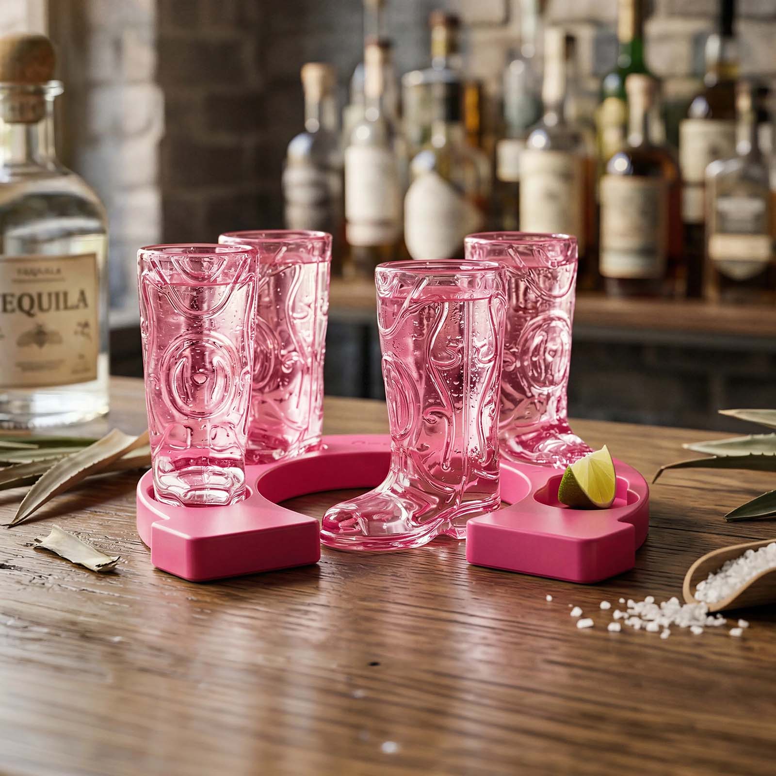 Final Touch Wild West Cowboy Boot Shotglass Set with Horseshoe Shaped Serving Tray, Pink