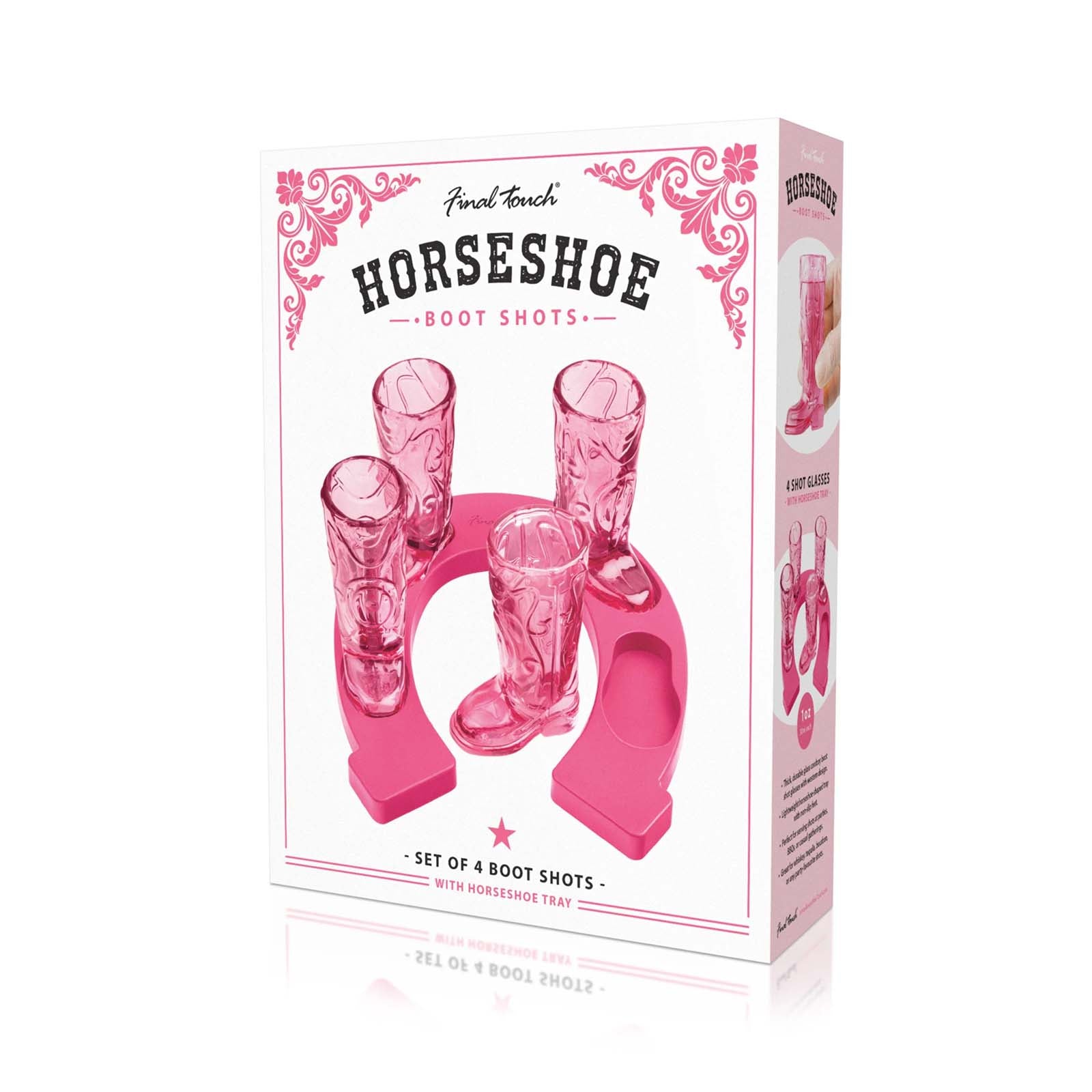 Final Touch Wild West Cowboy Boot Shotglass Set with Horseshoe Shaped Serving Tray, Pink