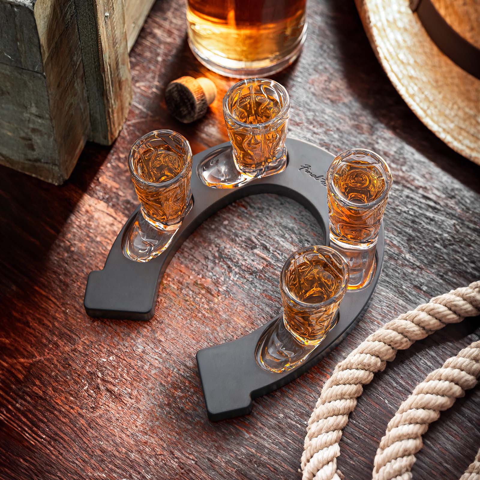 Final Touch Wild West Cowboy Boot Shotglass Set with Horseshoe Shaped Serving Tray, Gray