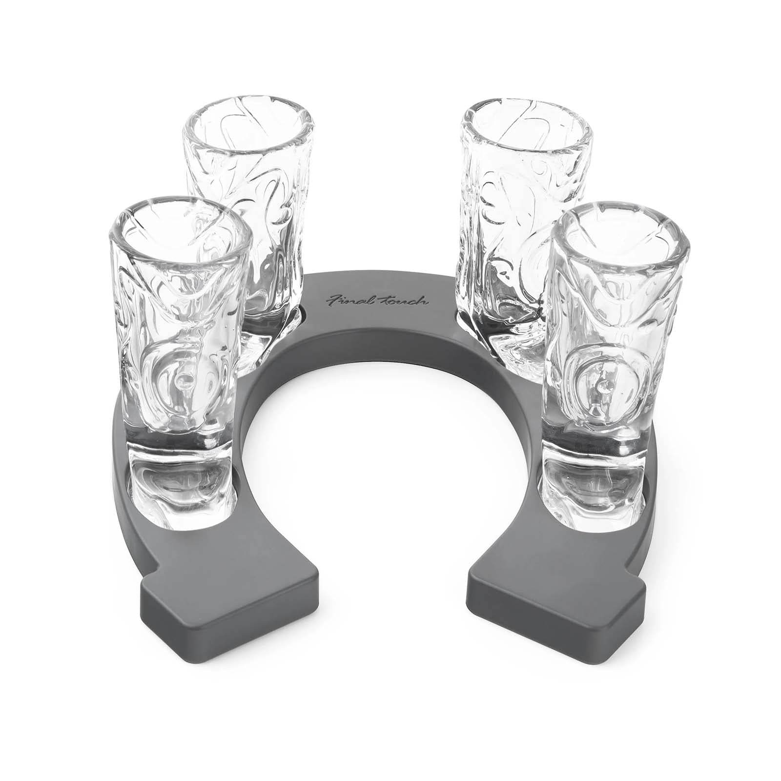 Final Touch Wild West Cowboy Boot Shotglass Set with Horseshoe Shaped Serving Tray, Gray