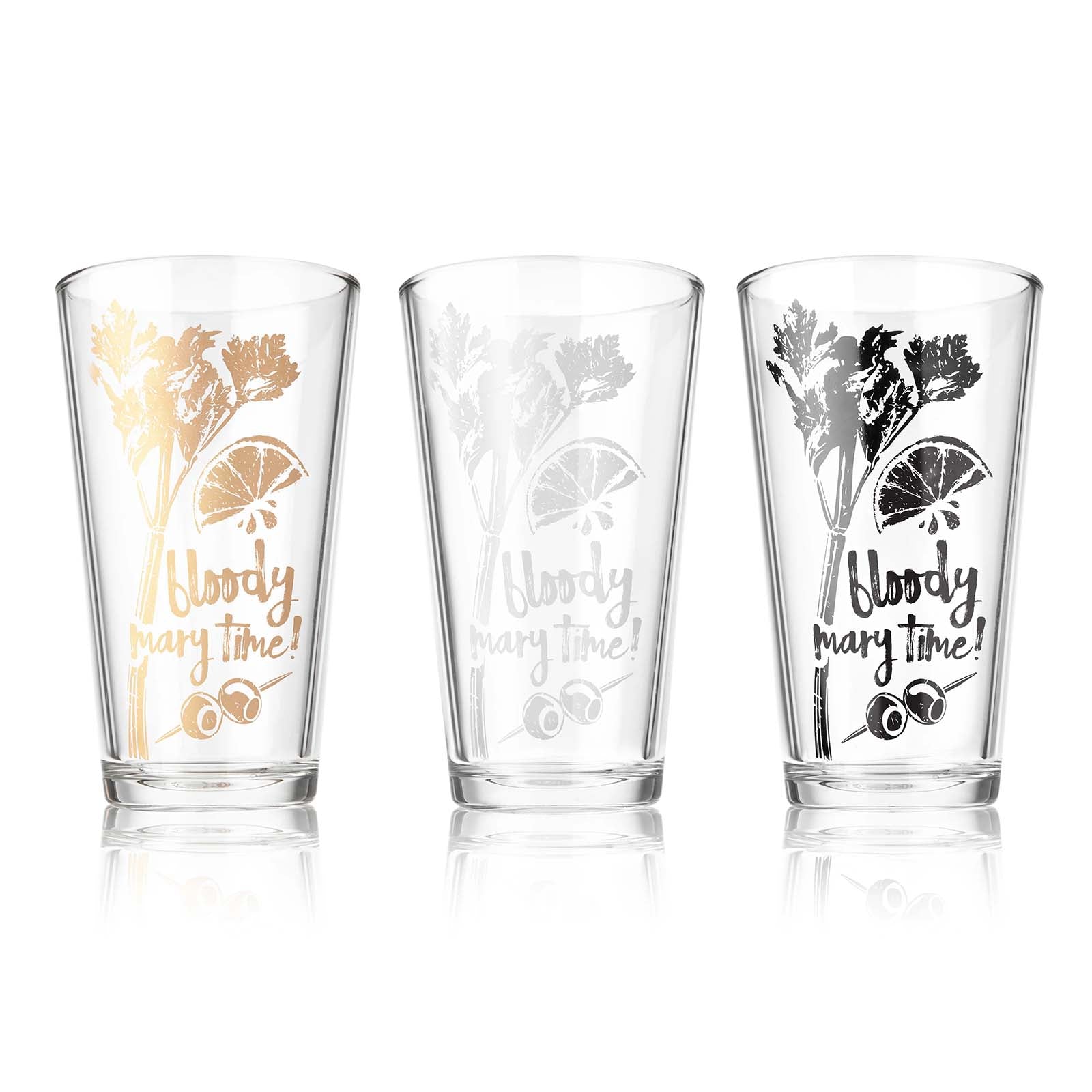 Final Touch Bloody Mary Time Cocktail Glasses, Set of 3, Gold, Silver & Black