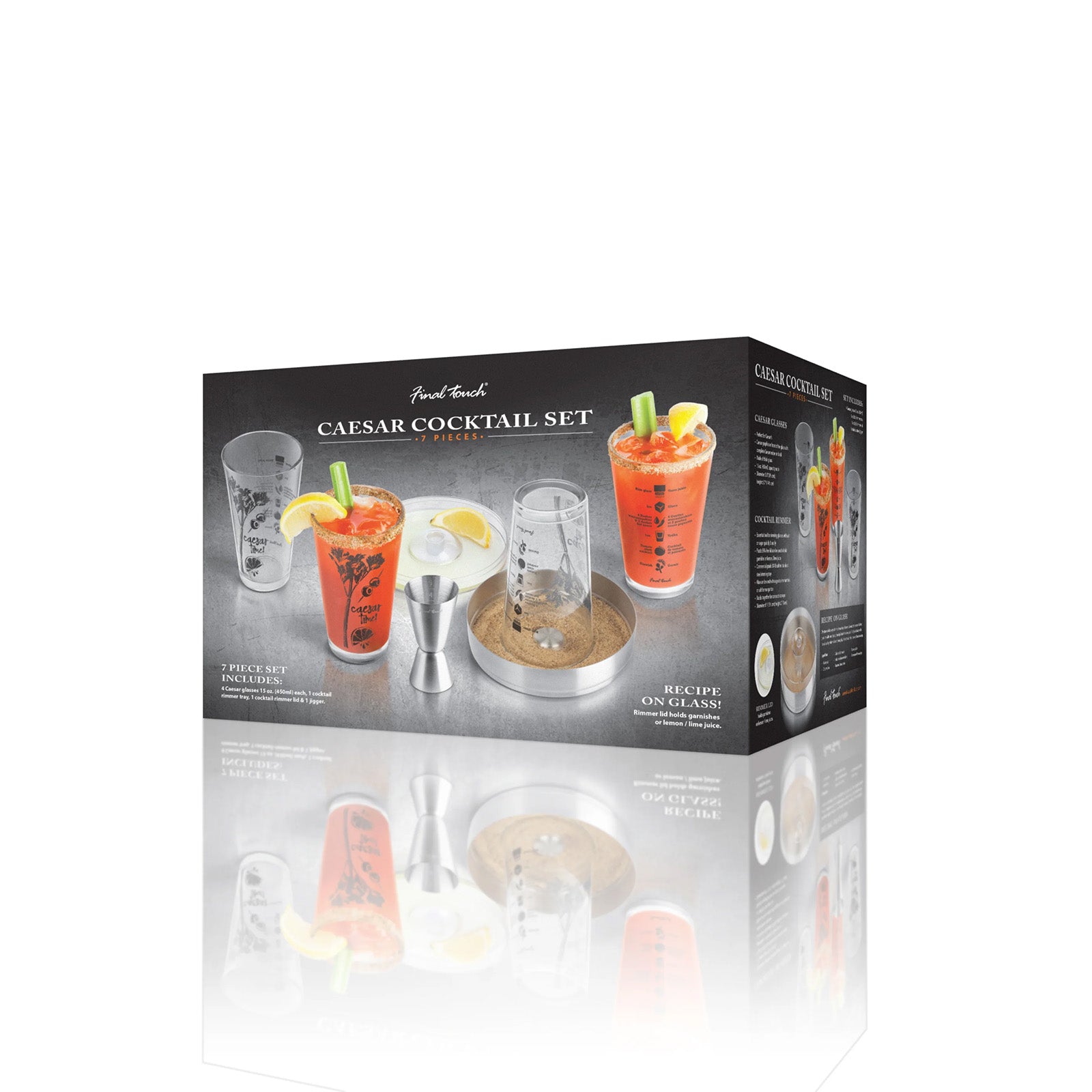 Final Touch 7-Piece Caesar Cocktail Set, 4 Glasses, Rimmer & Jigger, 15 oz Each