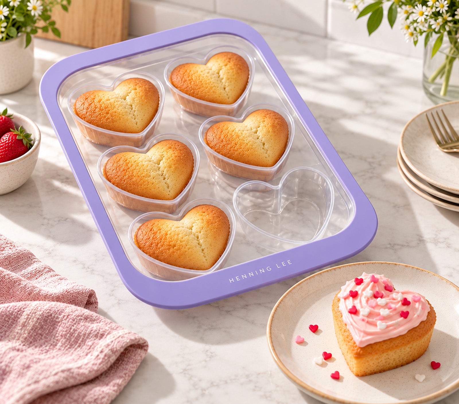 Henning Lee Look & Cook Silicone 6-Cup HeartShape Baking Pan, Purple
