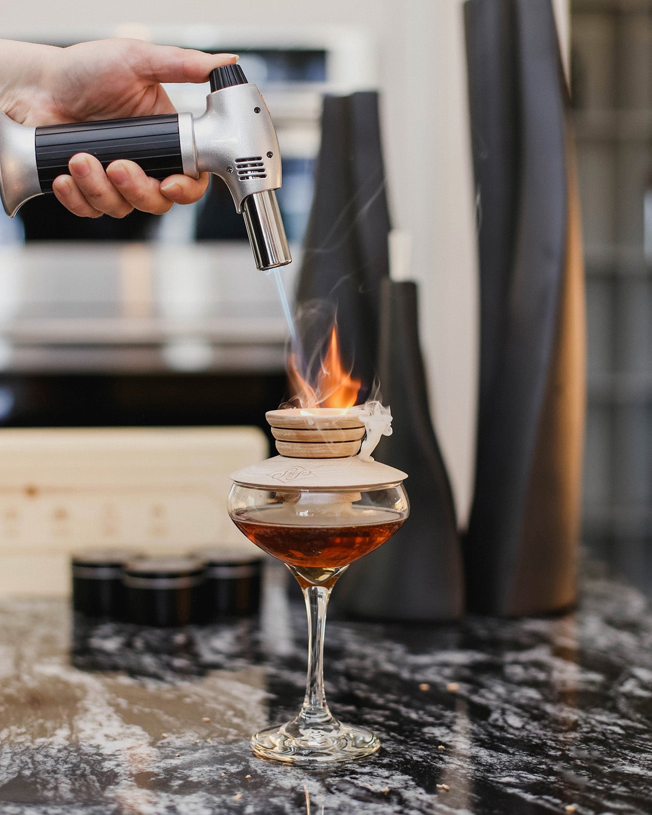 Spirits with Smoke Smoking Saucer Set - 1 Maple Wood Saucer, 3 Wood Chips for Cocktail Smoker & 4 Coasters