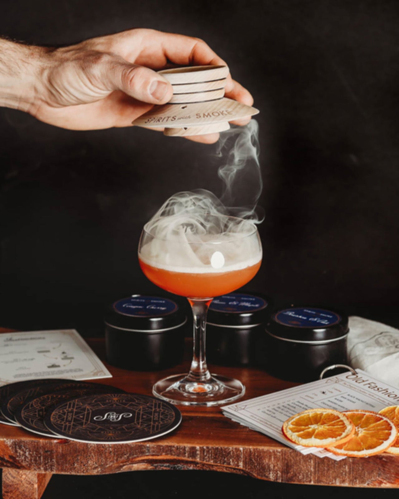 Spirits with Smoke Smoking Saucer Set - 1 Maple Wood Saucer, 3 Wood Chips for Cocktail Smoker & 4 Coasters