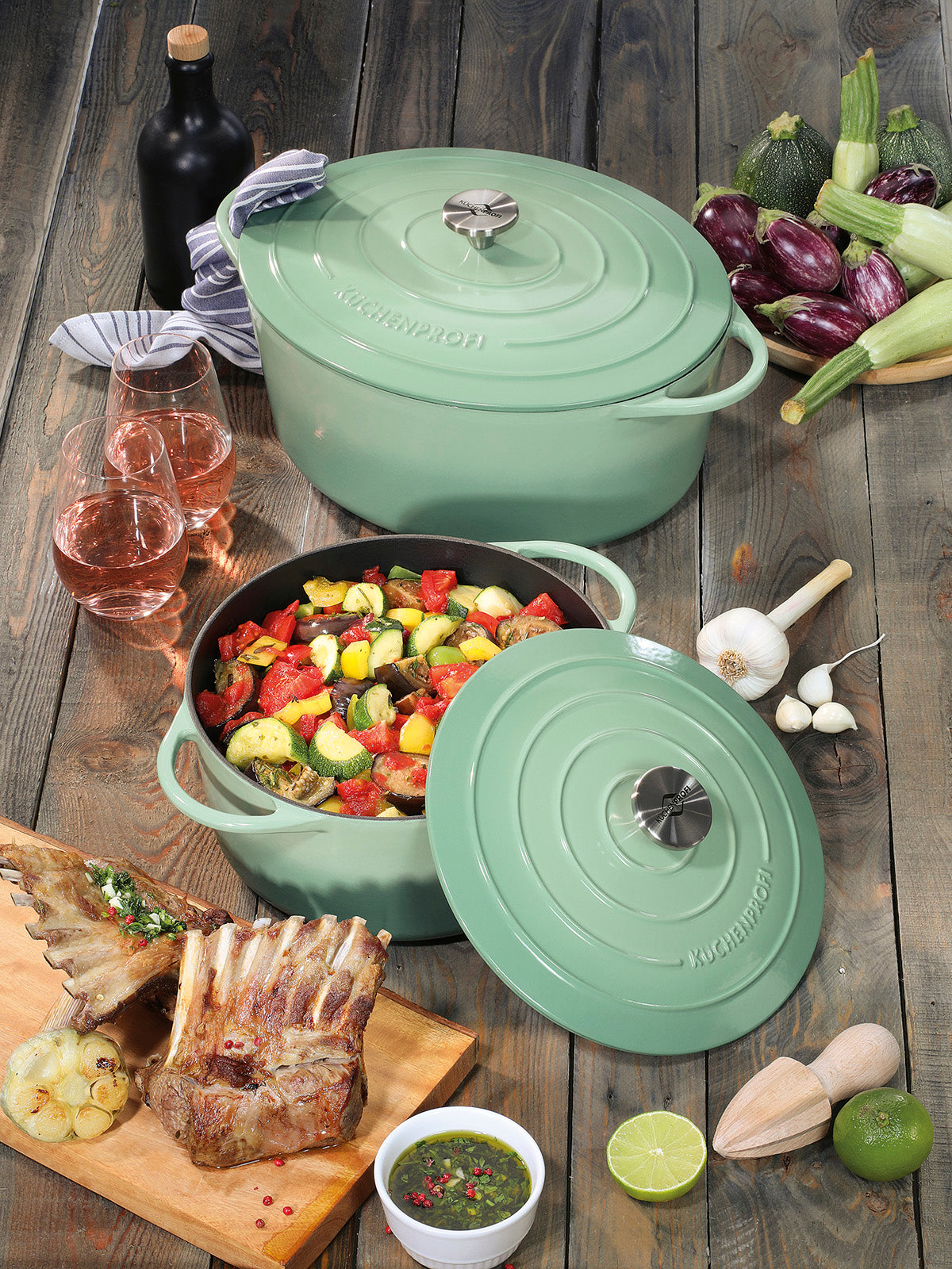 Kuchenprofi Provence Enameled Cast Iron Oval Dutch Oven, 13" L, 7.4 qt, Jade