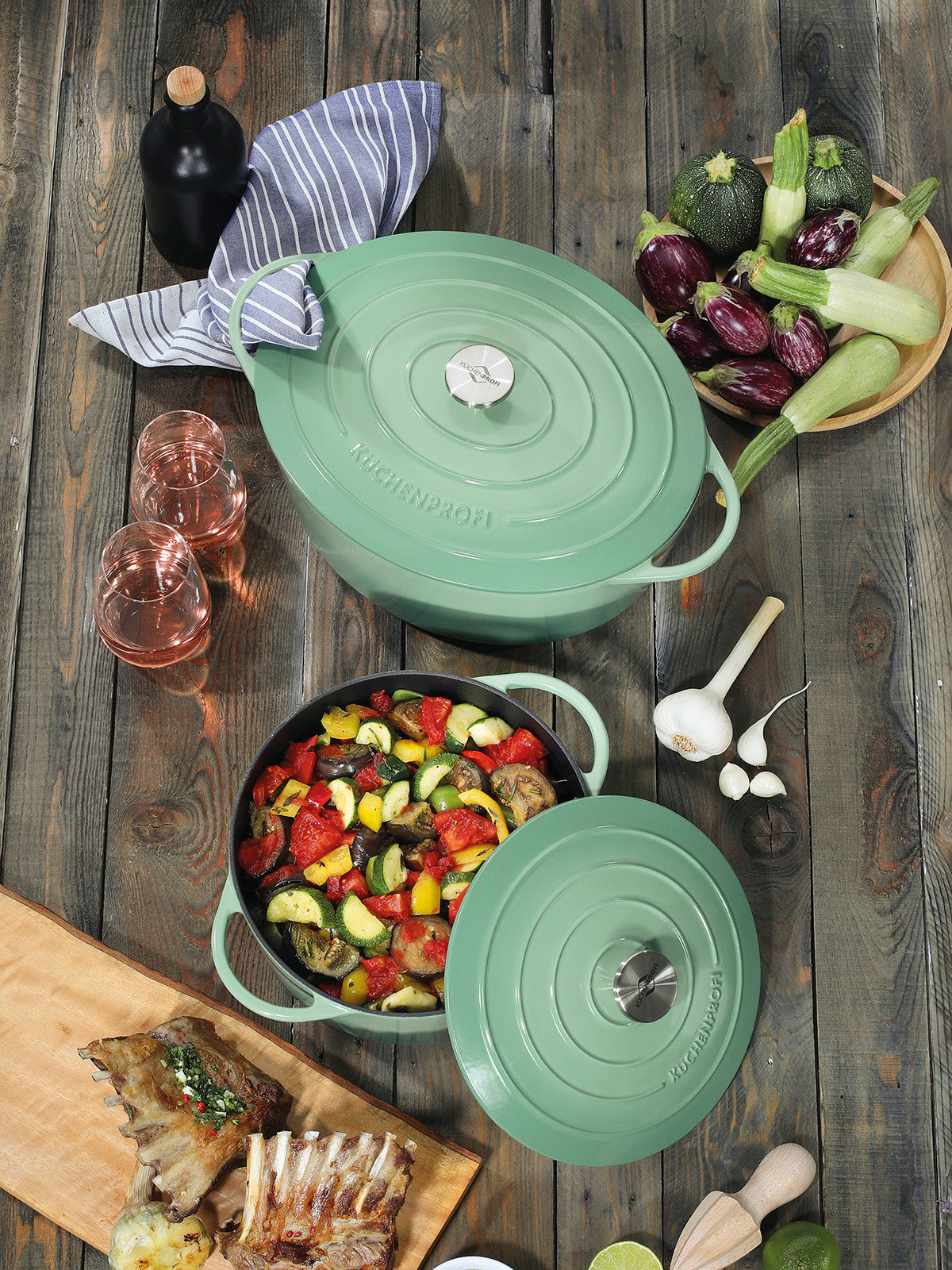 Kuchenprofi Provence Enameled Cast Iron Oval Dutch Oven, 13" L, 7.4 qt, Jade