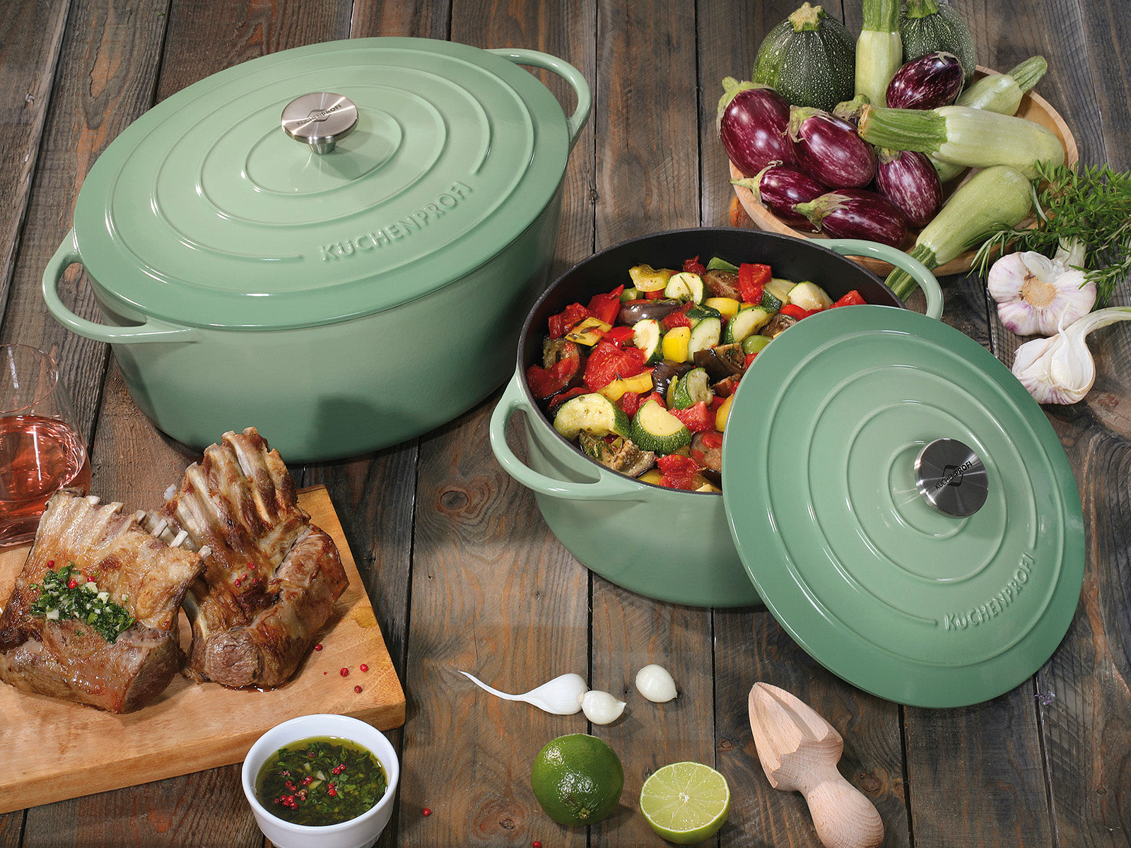 Kuchenprofi Provence Enameled Cast Iron Oval Dutch Oven, 13" L, 7.4 qt, Jade