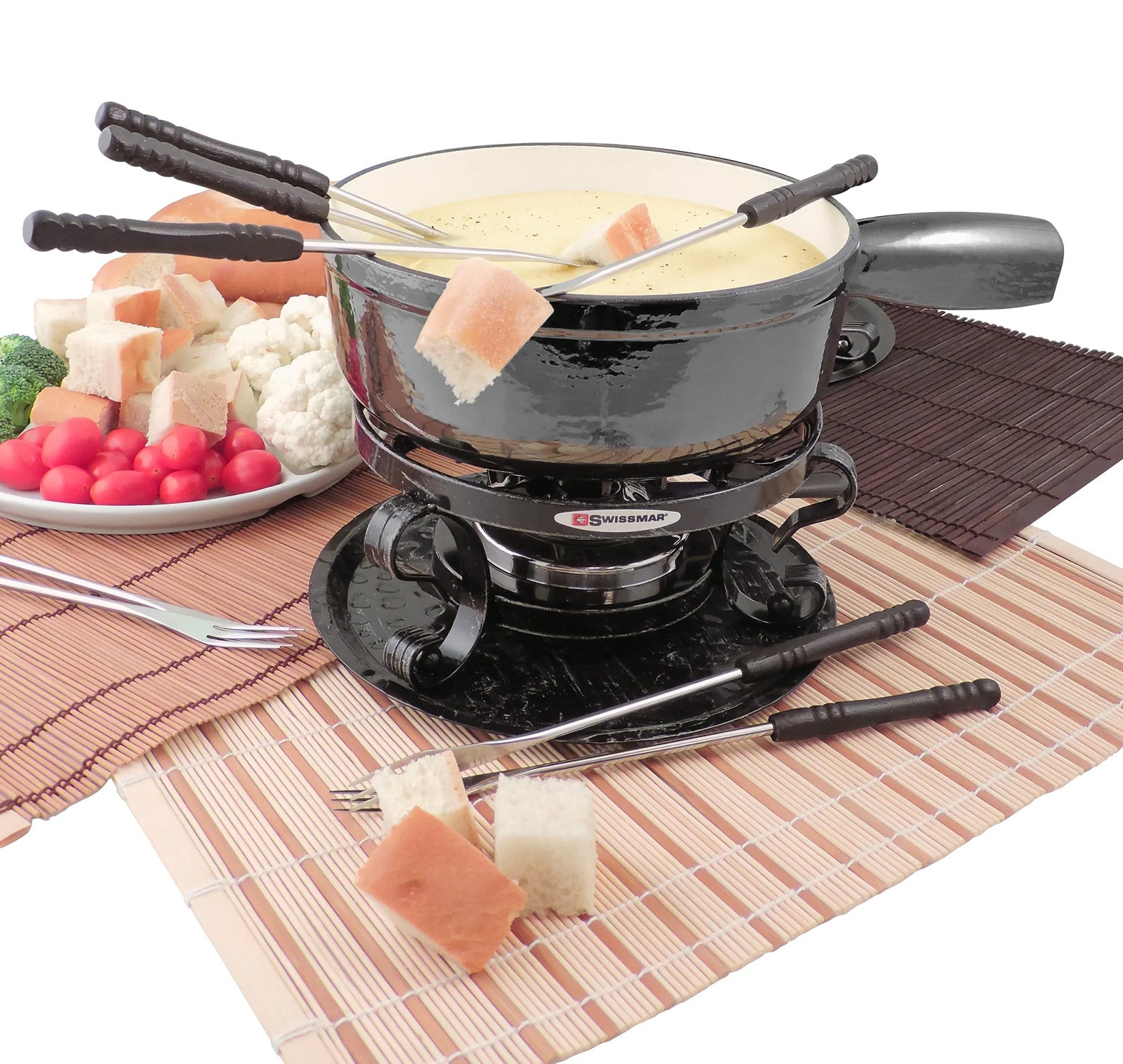 Swissmar Lugano 9 Piece Cast Iron Fondue Set, Metallic Black
