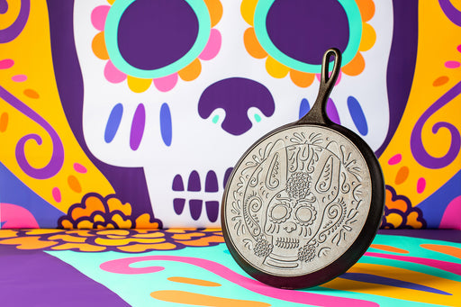 Lodge 10.25 Cast Iron Skillet With Sugar Skull With Yellow