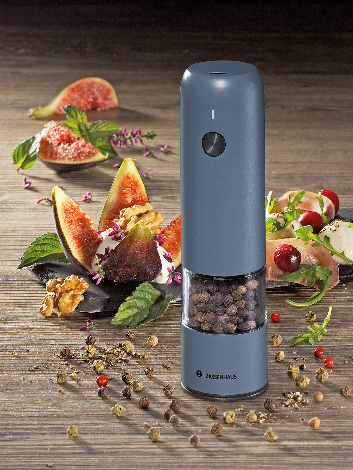 Zassenhaus Koln Rechargeable Salt or Pepper Mill, 5.5" H x 1.5", Blue