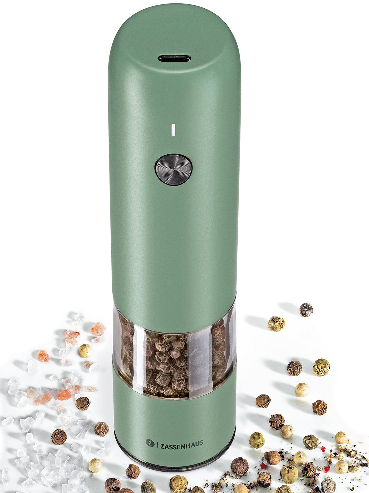 Zassenhaus Koln Rechargeable Salt or Pepper Mill, 5.5" H x 1.5", Green