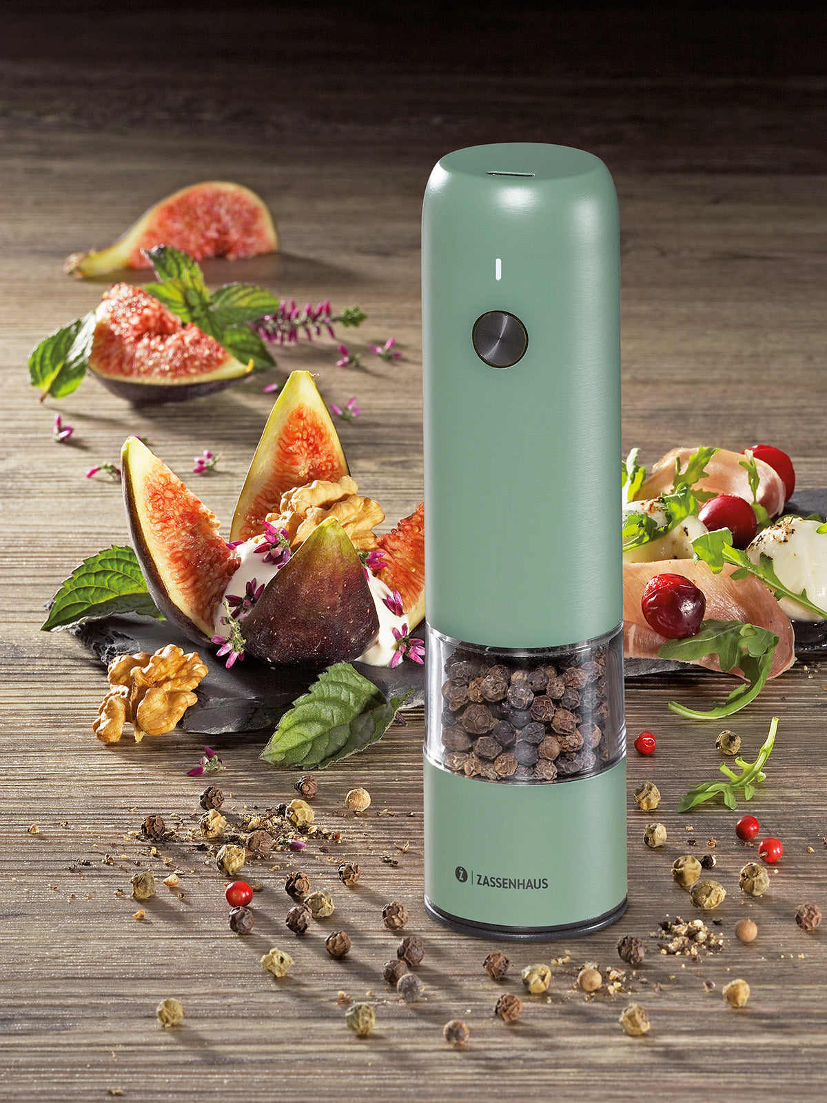 Zassenhaus Koln Rechargeable Salt or Pepper Mill, 5.5" H x 1.5", Green