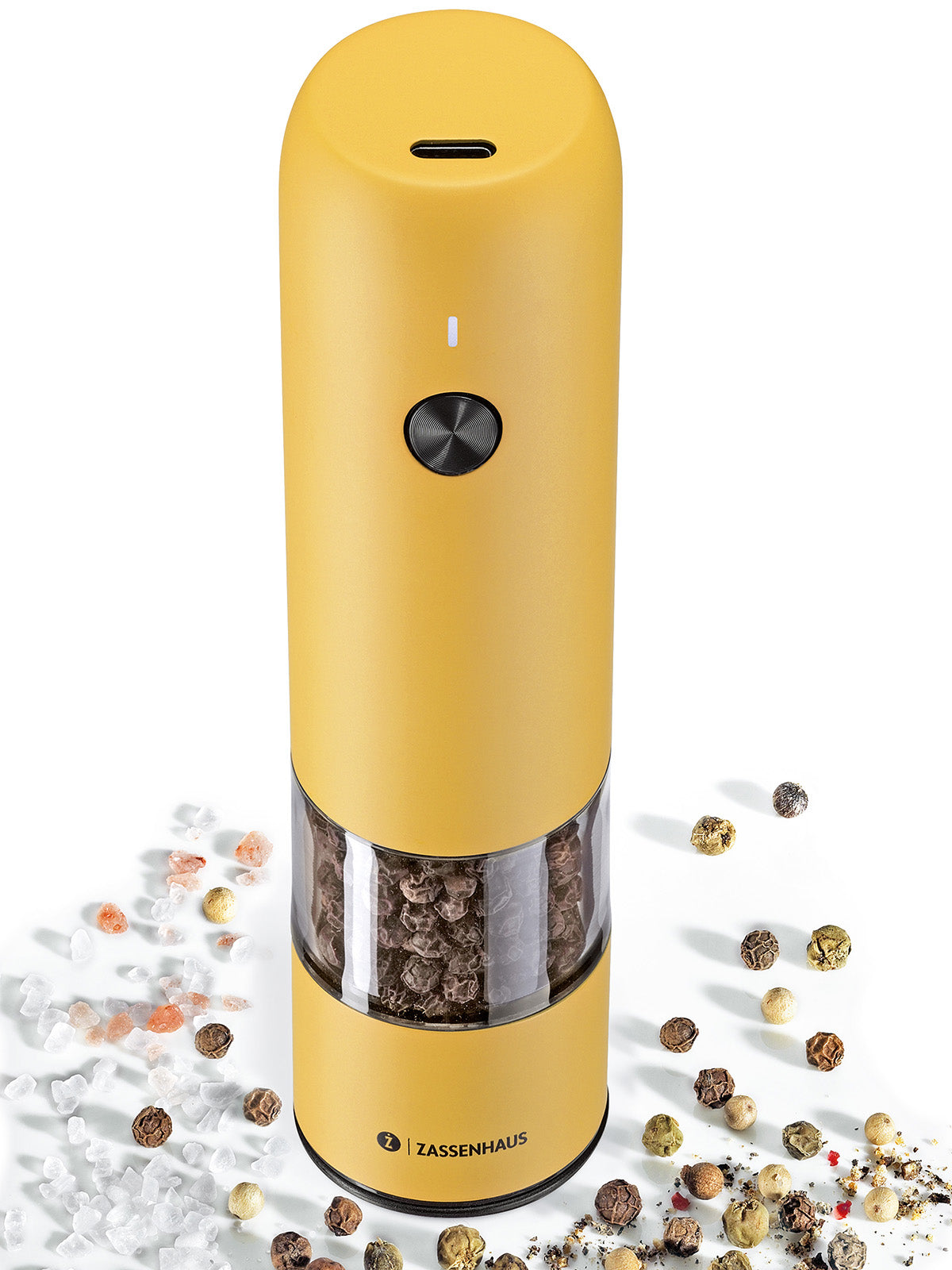 Zassenhaus Koln Rechargeable Salt or Pepper Mill, 5.5" H x 1.5", Yellow
