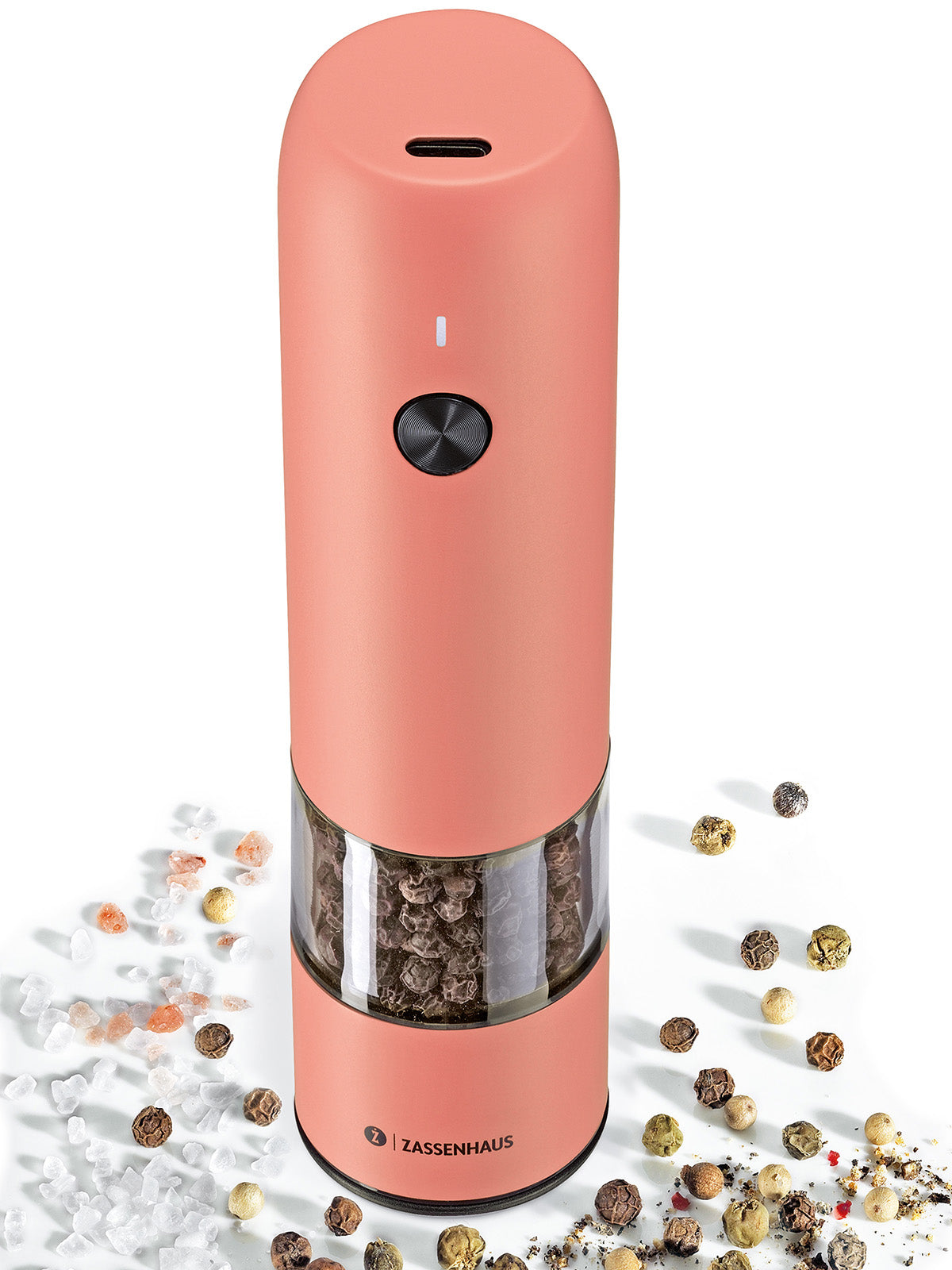 Zassenhaus Koln Rechargeable Salt or Pepper Mill, 5.5" H x 1.5", Coral