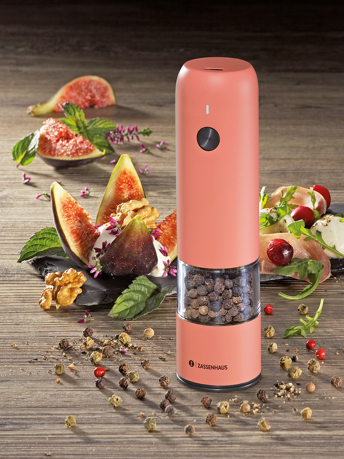 Zassenhaus Koln Rechargeable Salt or Pepper Mill, 5.5" H x 1.5", Coral