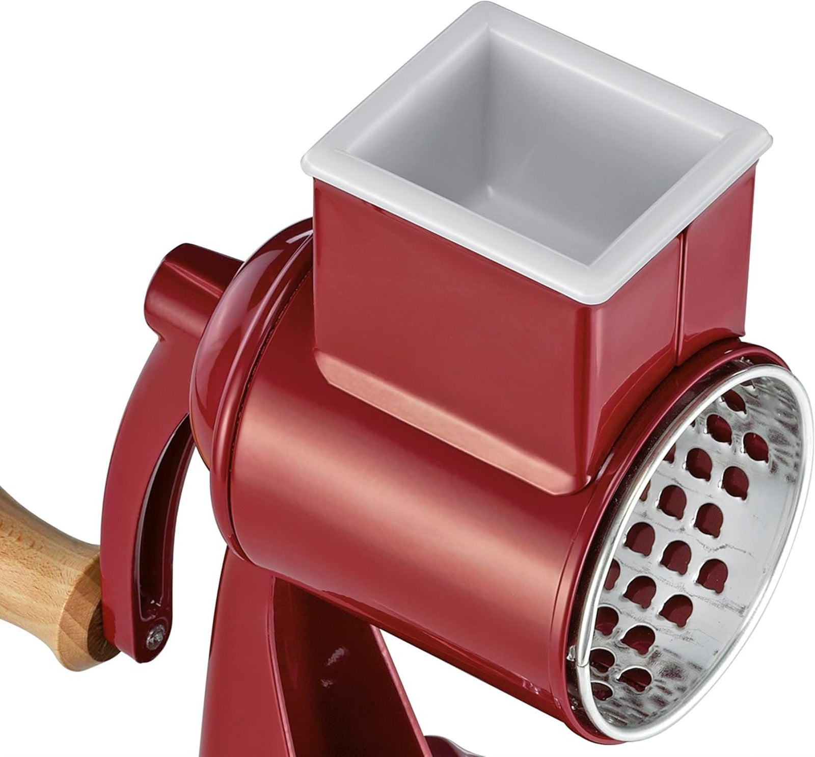 Zassenhaus Classic Drum Grater with Suction Base, 2 Grating Drums, Pestle, and Vegetable Cutter, Red