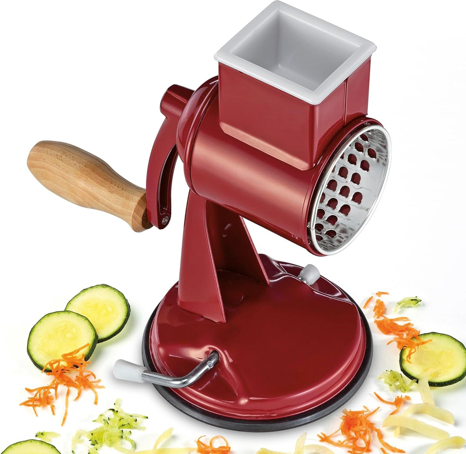 Zassenhaus Classic Drum Grater with Suction Base, 2 Grating Drums, Pestle, and Vegetable Cutter, Red