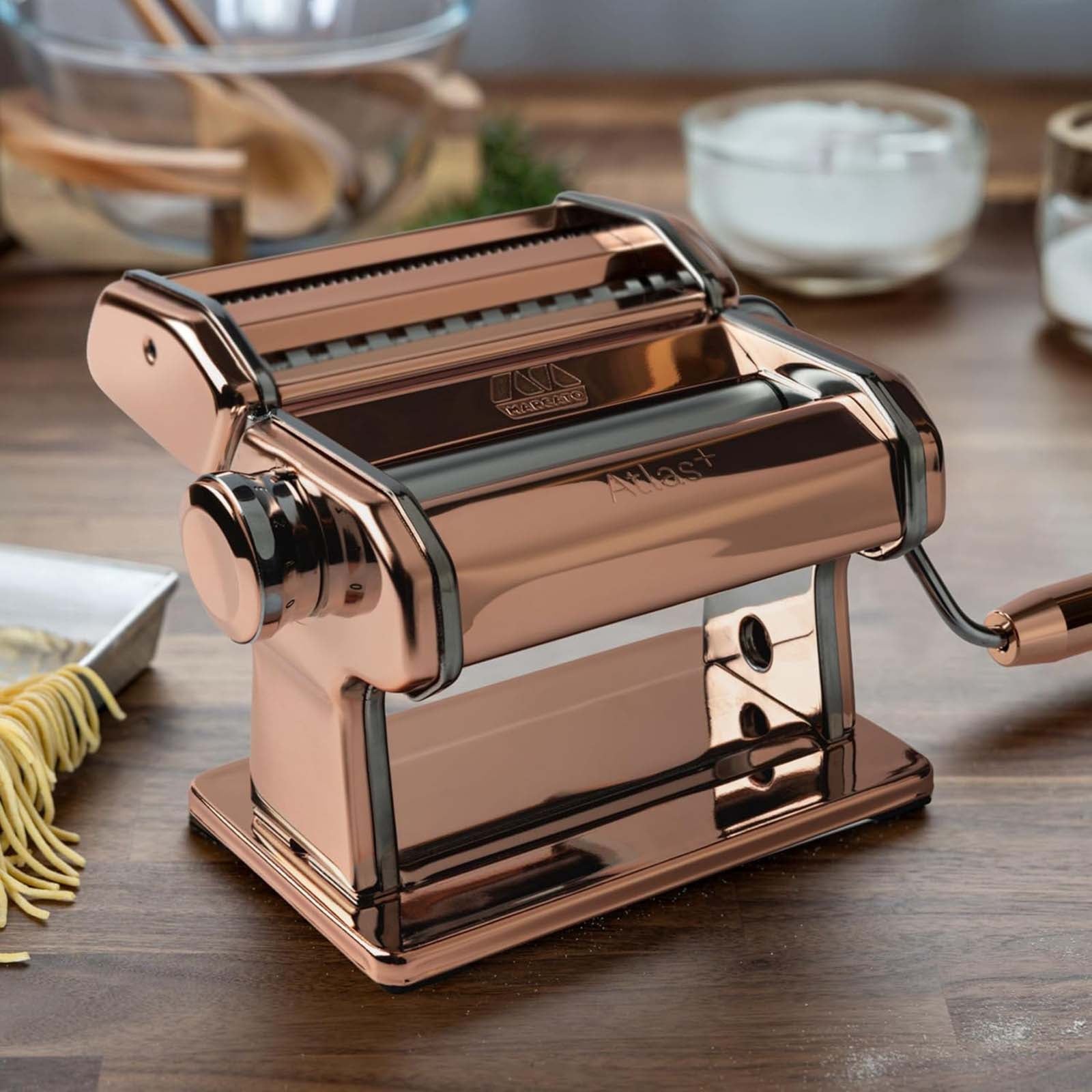 Marcato Atlas+ Pasta Machine with Cutter, Hand Crank, and Instructions, Made in Italy, Copper