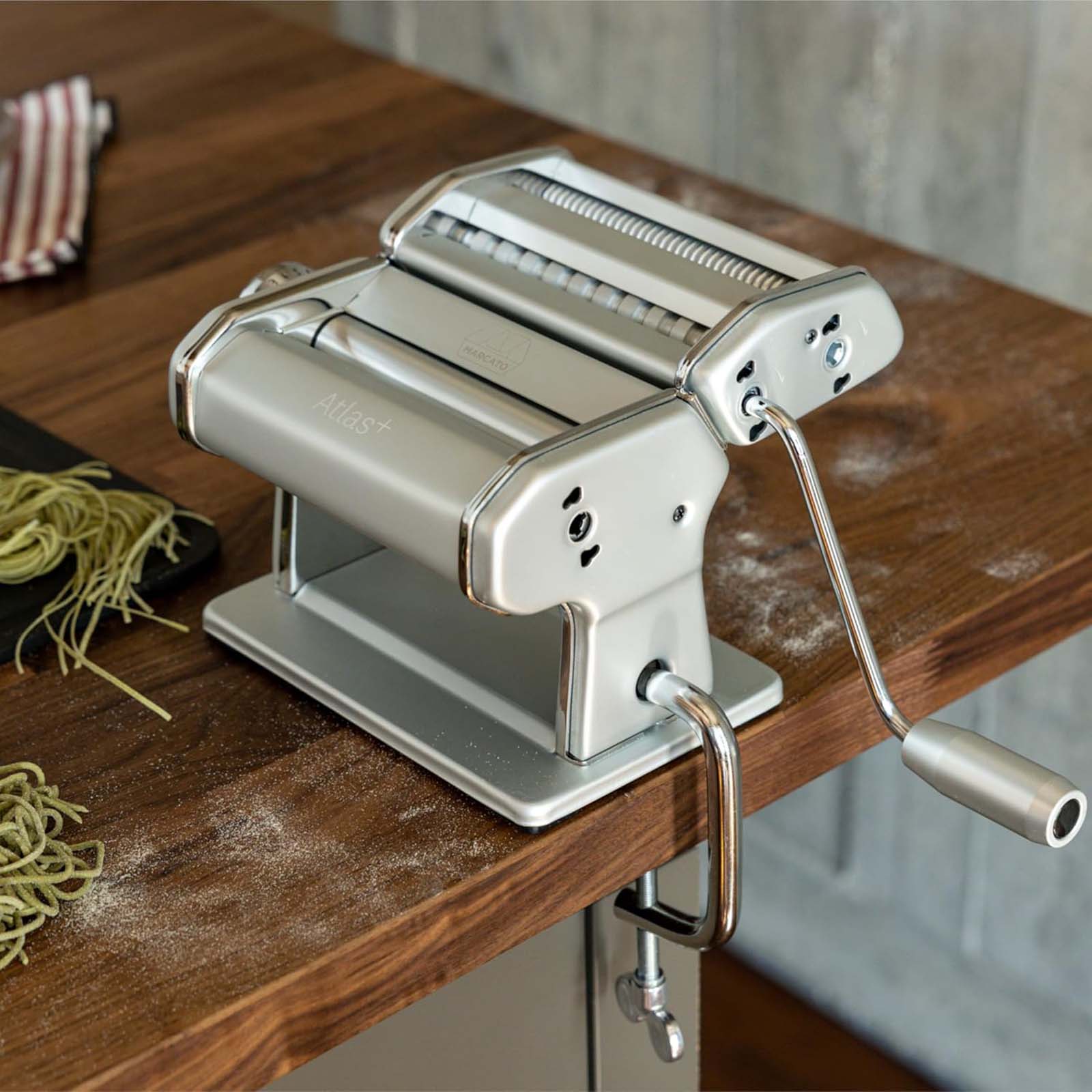 Marcato Atlas+ Pasta Machine with Cutter, Hand Crank, and Instructions, Made in Italy, Ice