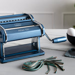 Marcato Atlas 150 Pasta Machine with Cutter, Hand Crank, and Instructions, Made in Italy, Powder Blue