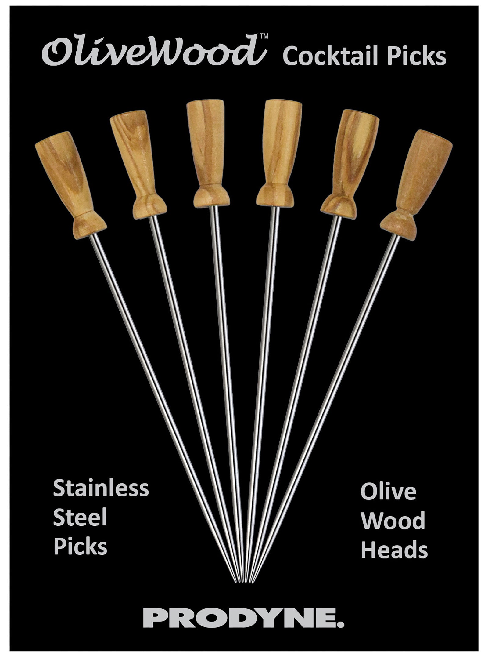 Prodyne Olivewood Stainless Steel Cocktail Picks, Set of 6