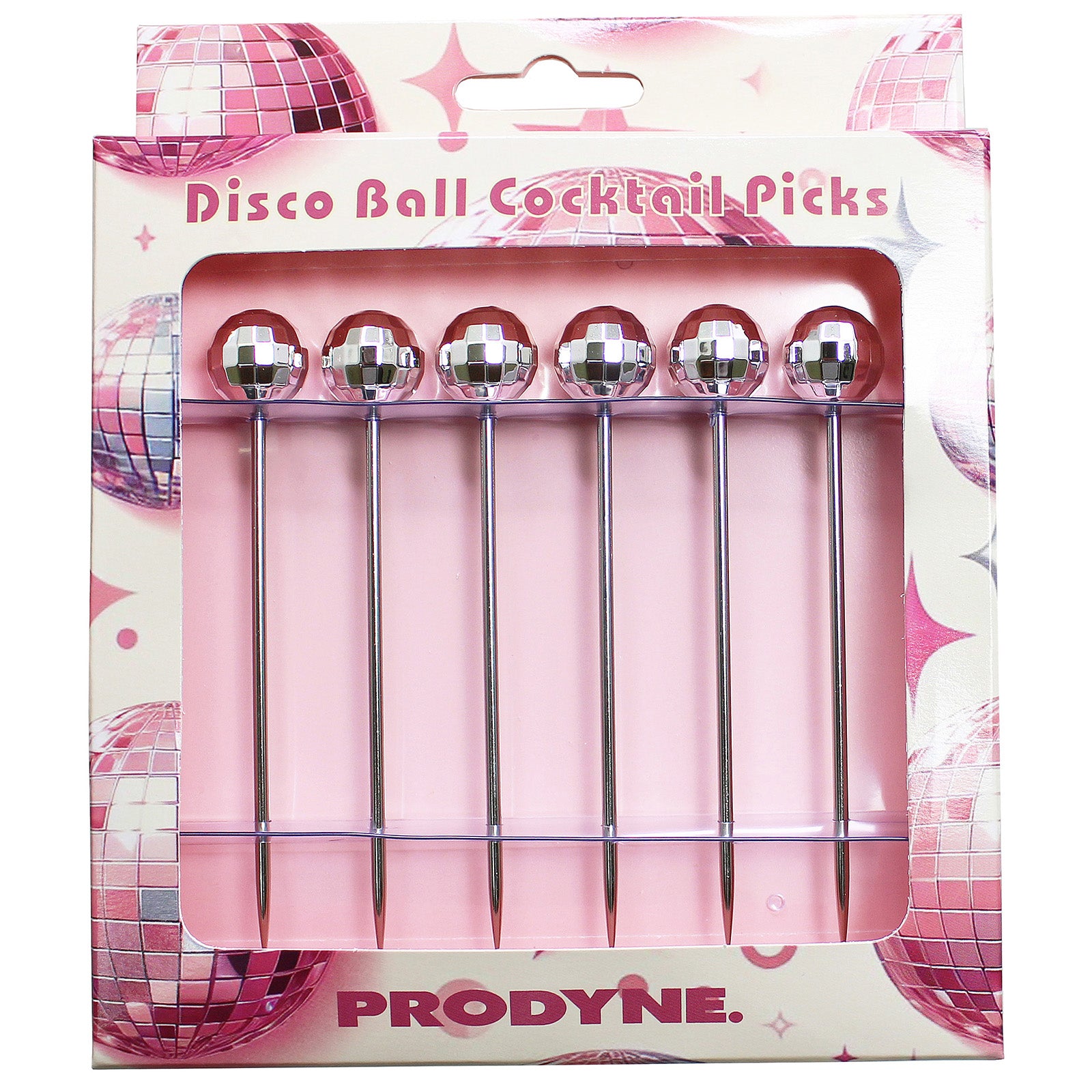 Prodyne Disco Ball Cocktail Picks, 3 Pink + 3 Silver Heads, Set of 6