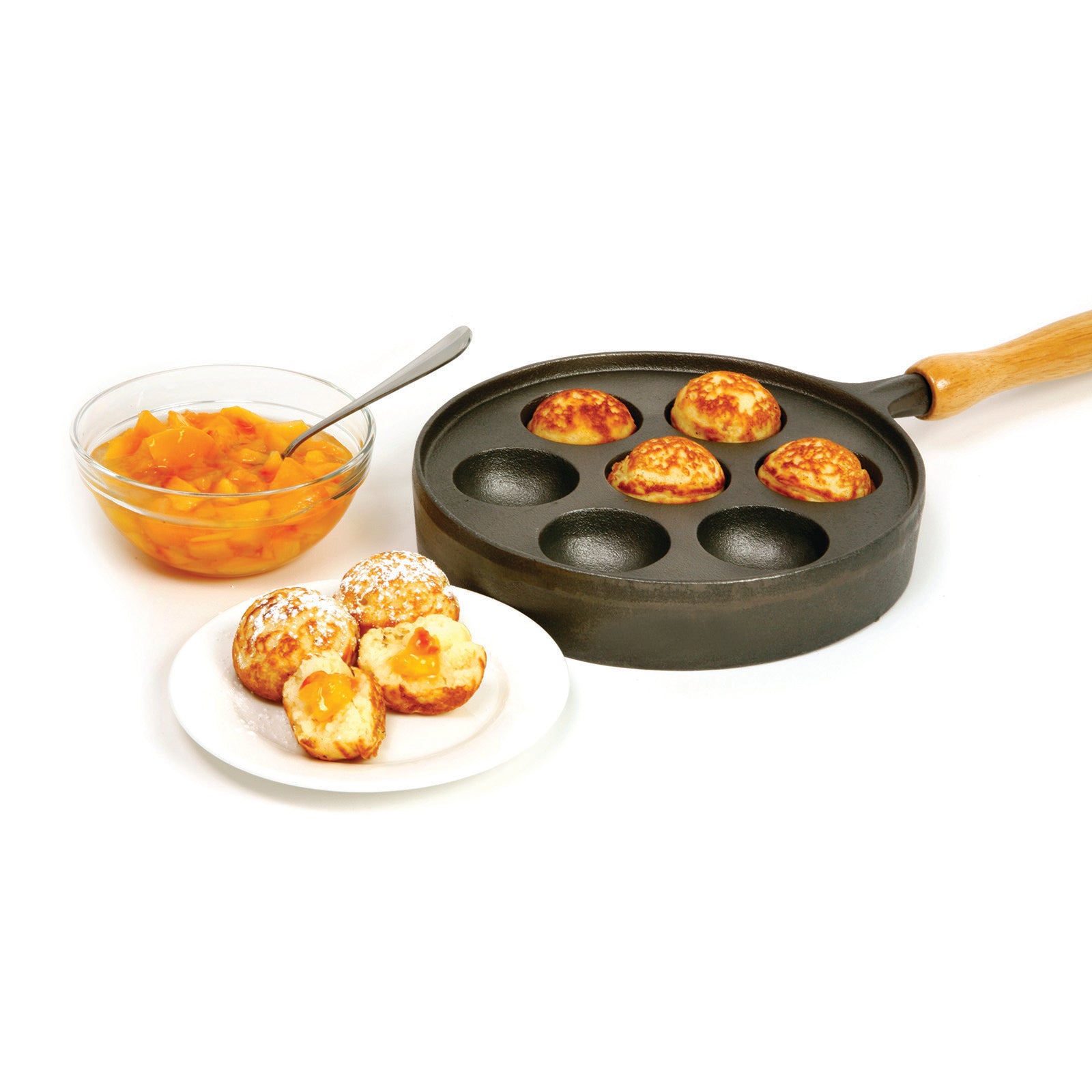 Norpro Deluxe Cast Iron Aebleskiver Stuffed Pancake Pan with Wood Handle
