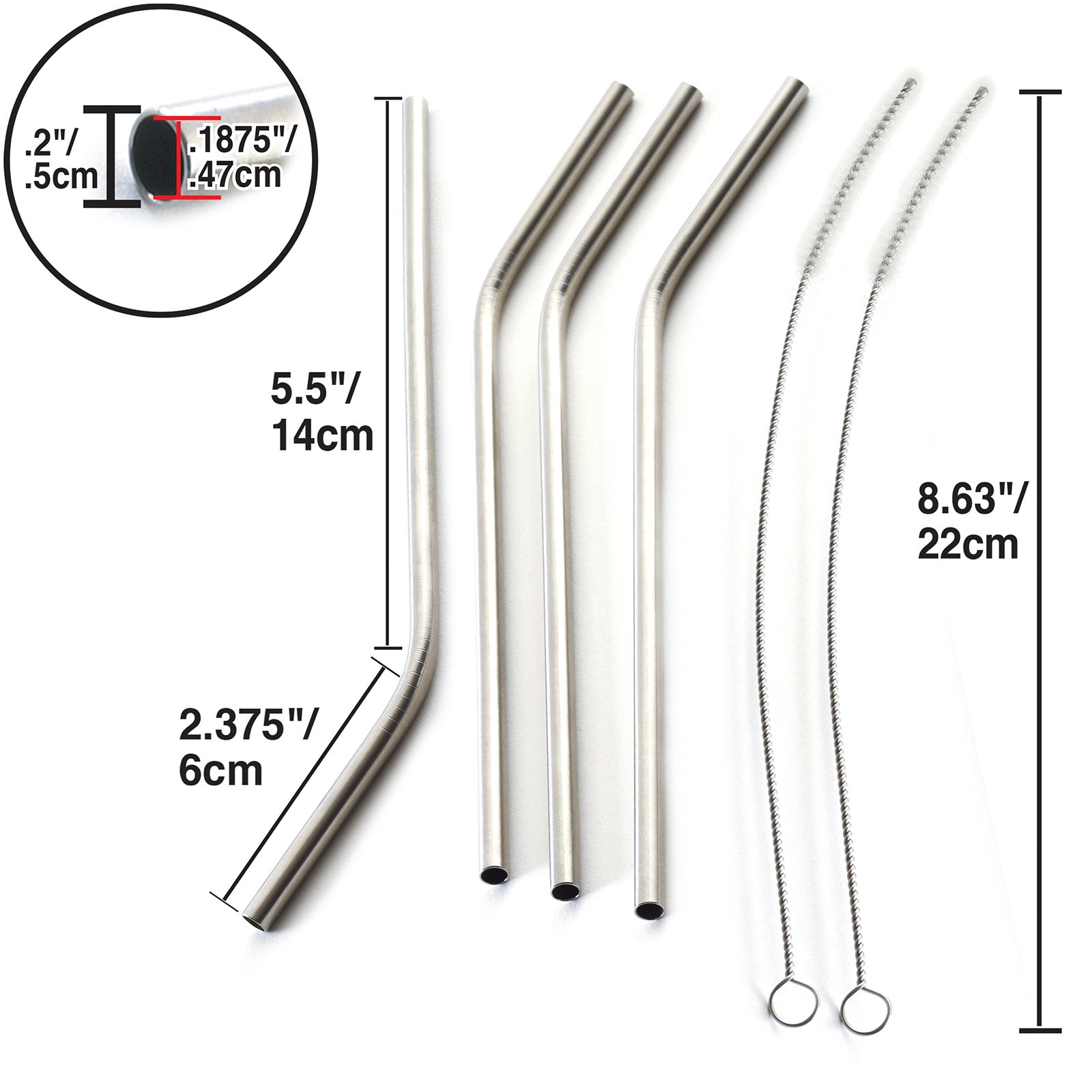 Norpro 8-Inch Stainless Steel Drinking Straws with 2 Cleaning Brushes, Silver, Set of 4