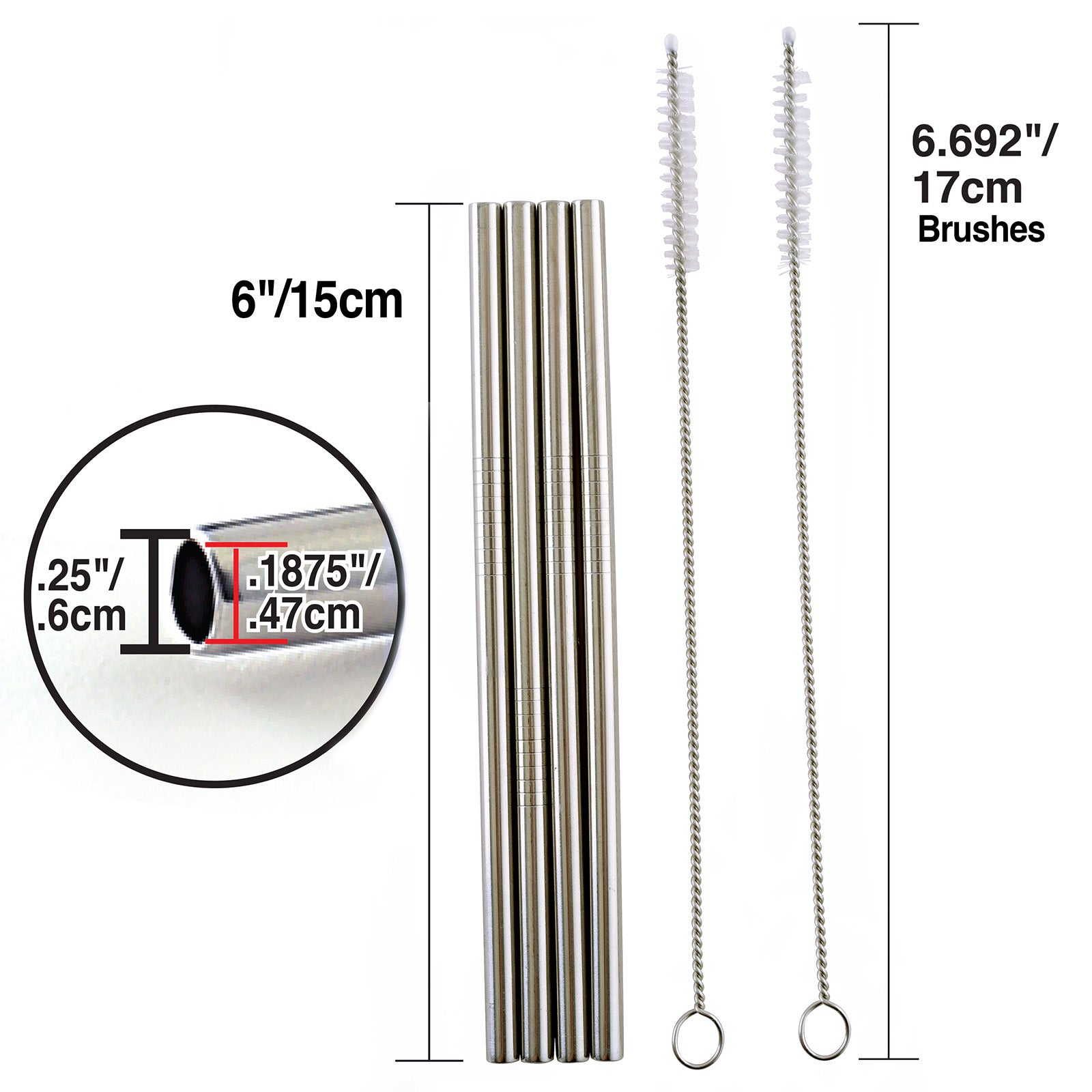 Norpro 6-Inch Stainless Steel Straight Drinking Straws with Cleaning Brushes, Set of 4