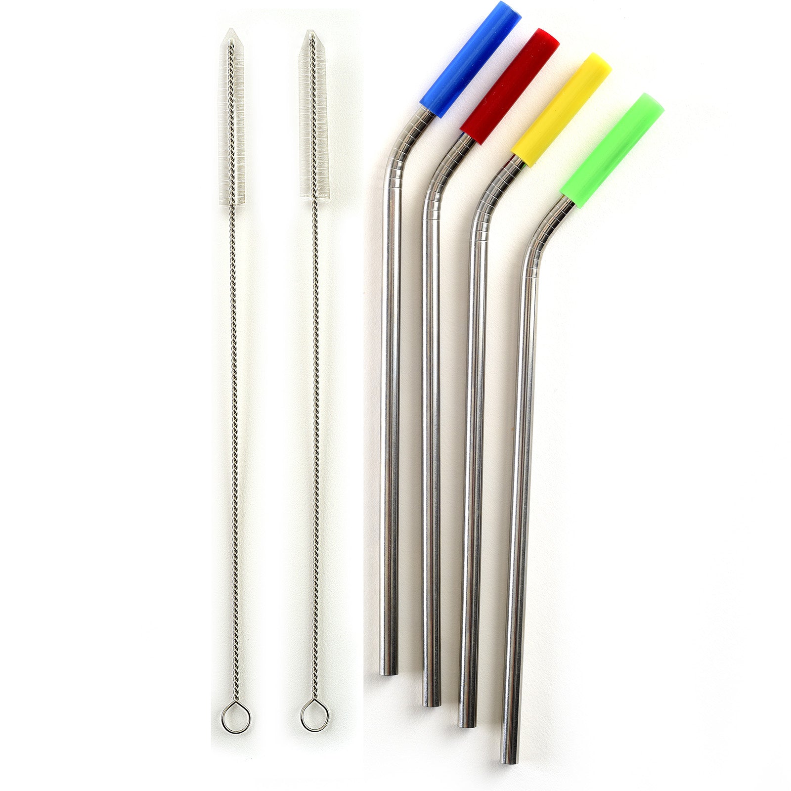 Norpro 8-Inch Stainless Steel Silicone Tipped Drinking Straws with 2 Cleaning Brushes, Set of 4