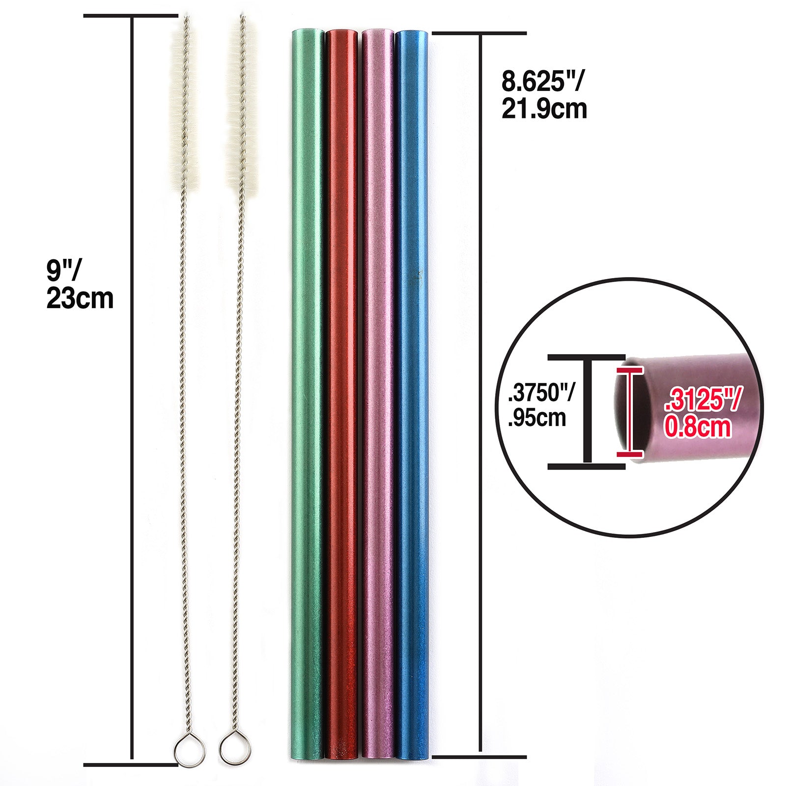 Norpro 8.625-Inch Metallic Smoothie Drinking Straws with Cleaning Brushes, Set of 4