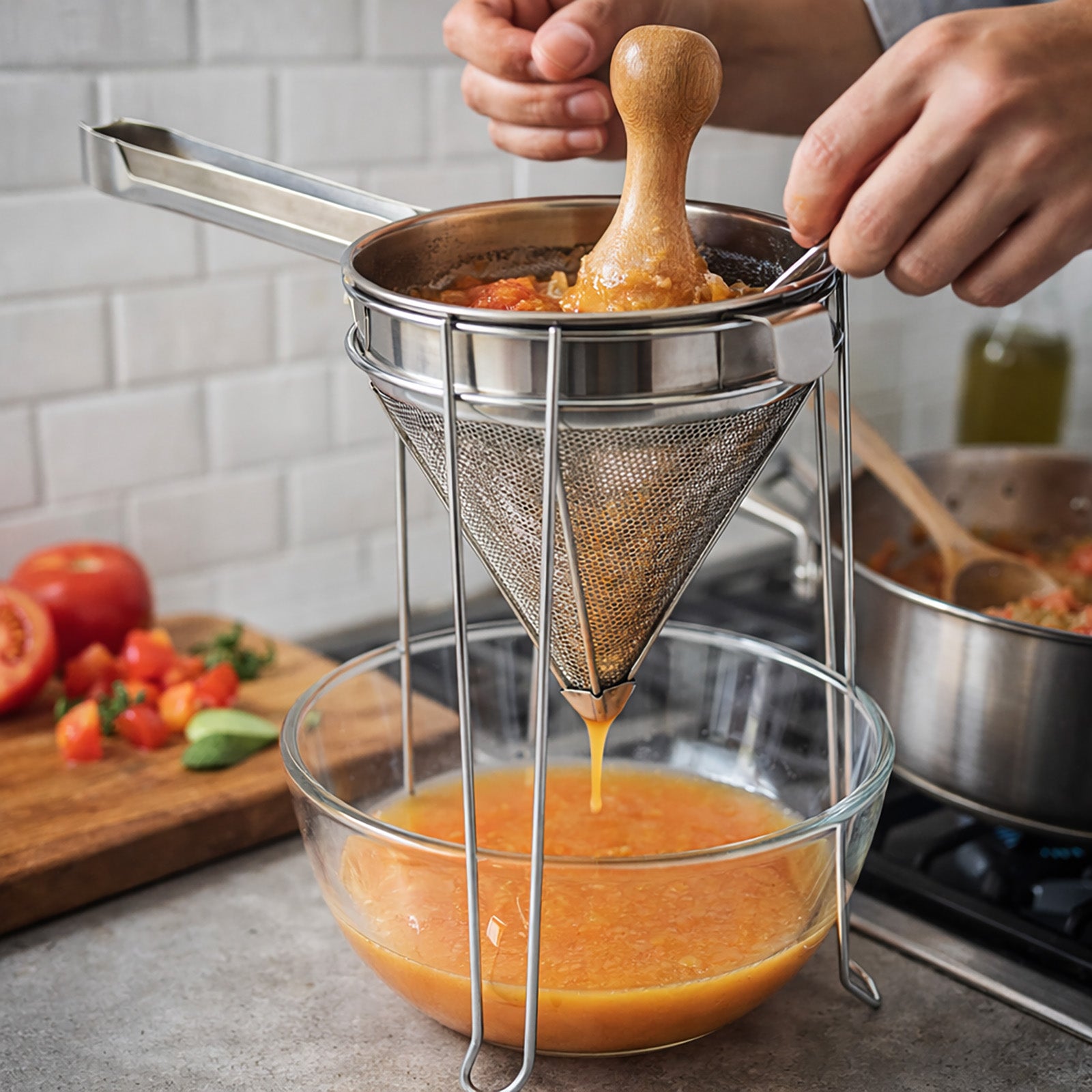 Norpro Stainless Steel Chinois with Chromed Steel Stand and Rubberwood Pestle, 3 Piece Set