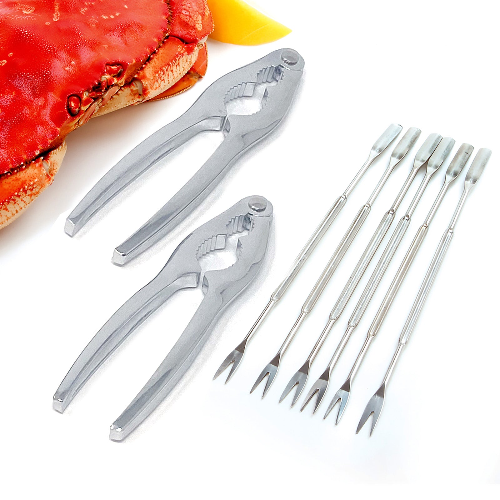 Norpro Seafood Set with 2 Lobster/Crab Crackers and 6 Stainless Steel Seafood Forks, Silver
