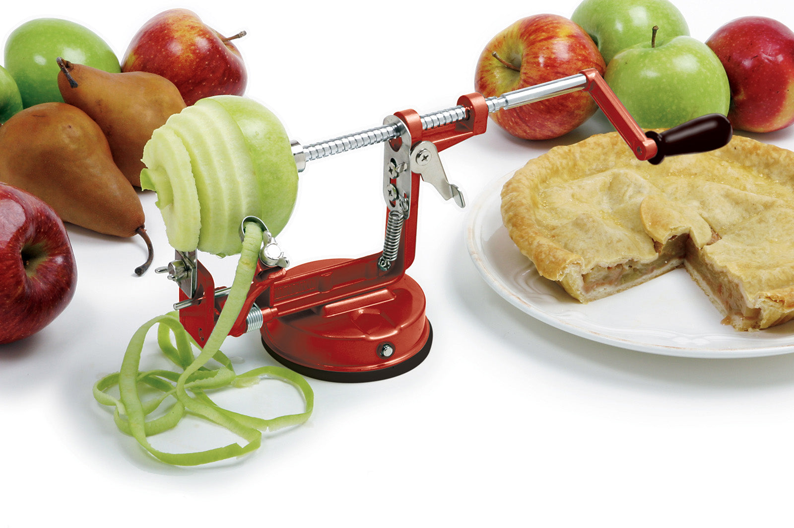 Norpro Apple-Master Parer, Slicer & Corer With Vacuum Base and Clamp for Rough Surfaces, Red