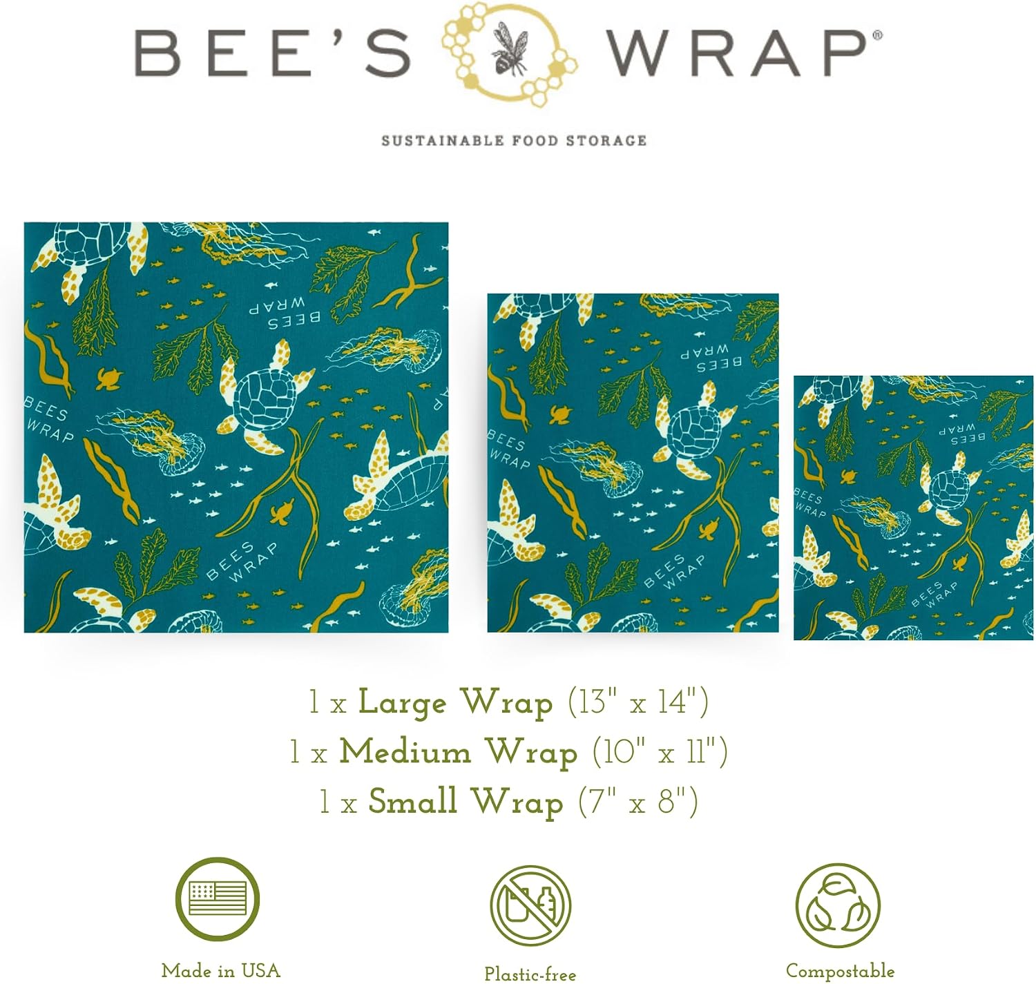 Bee's Wrap Reusable Beeswax Food Wraps, Assorted 3-Pack, Oceans