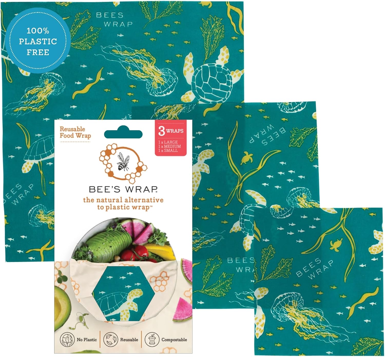 Bee's Wrap Reusable Beeswax Food Wraps, Assorted 3-Pack, Oceans