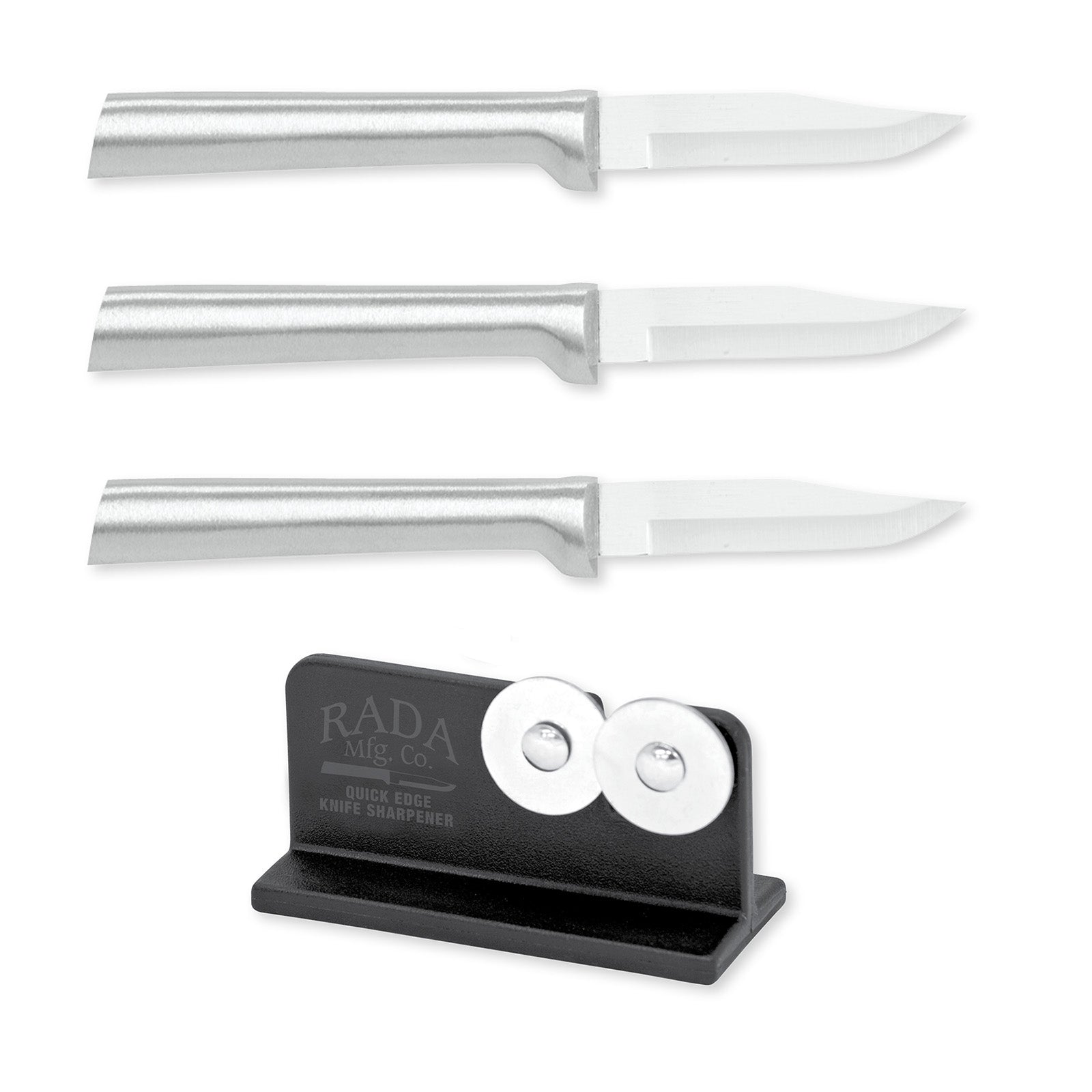 Rada Cutlery 2.5-Inch Peeling Paring Knife Set of 3, Silver Handles & Quick Edge Knife Sharpener